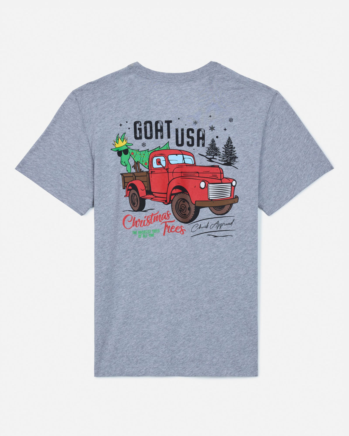 Gray t-shirt with a graphic of a red truck and Christmas trees on a white background