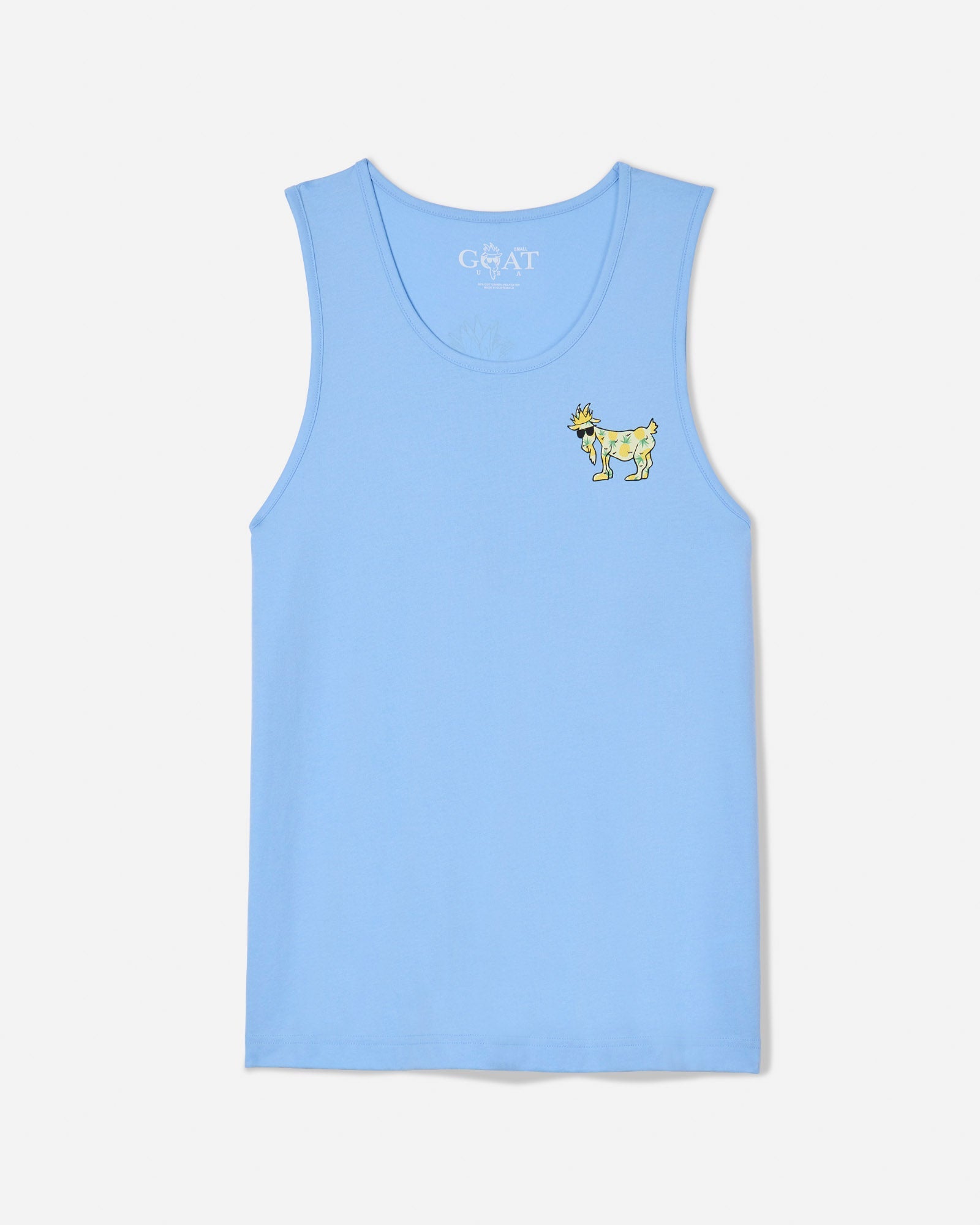Front of carolina blue tank top with pineapple goat left-chest logo