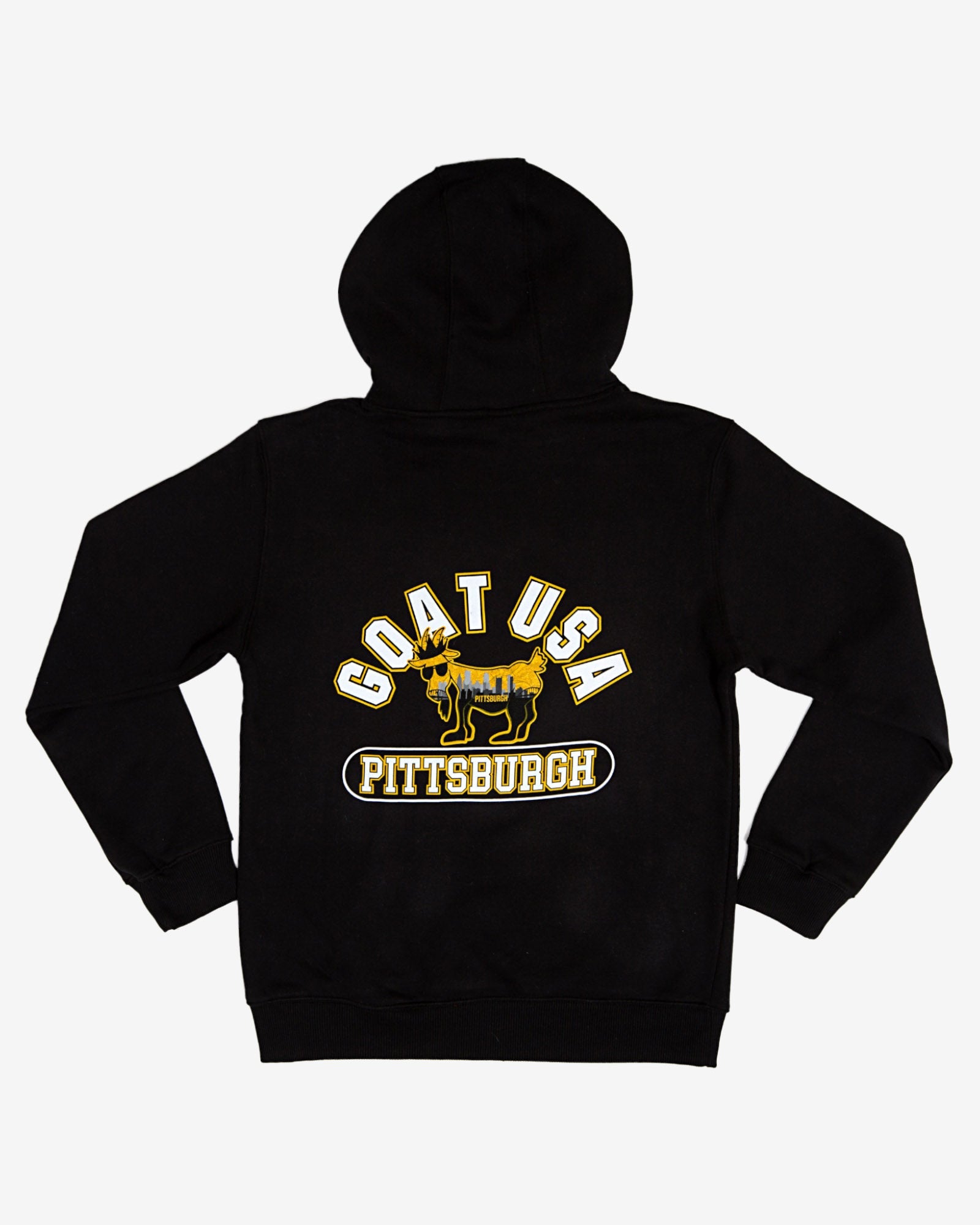 Back of black Pittsburgh hooded sweatshirt#color_black