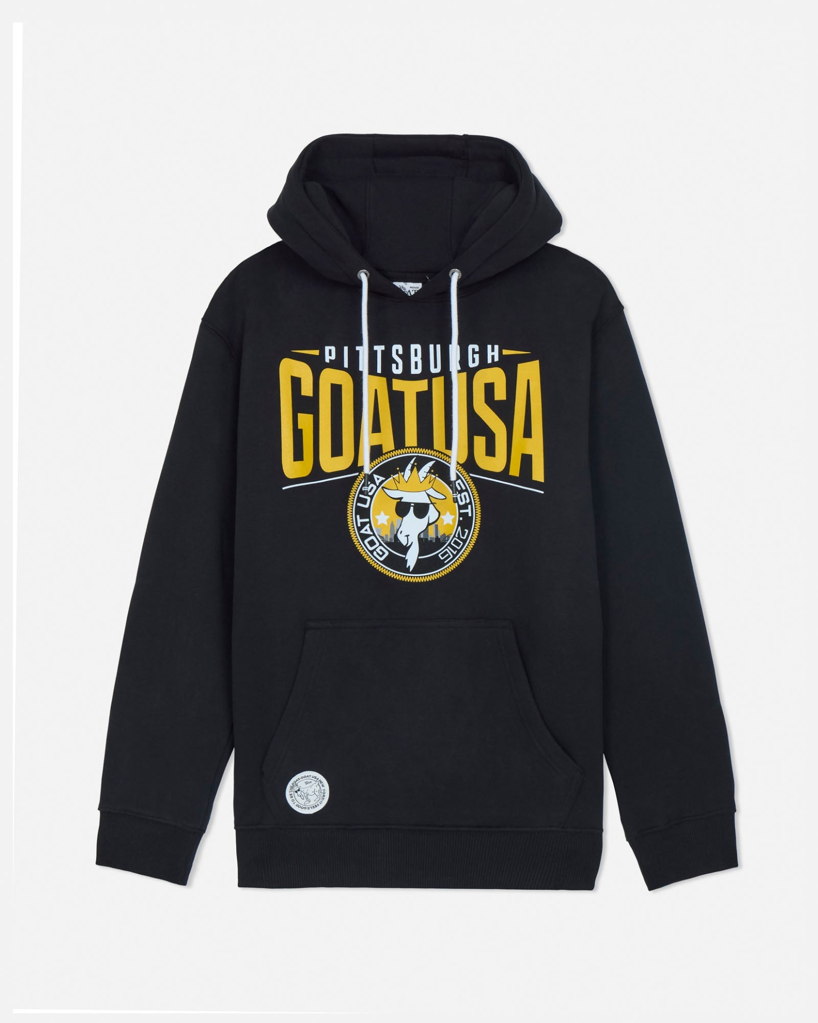 Black hoodie with yellow and white text and graphics on a light gray background#color_black