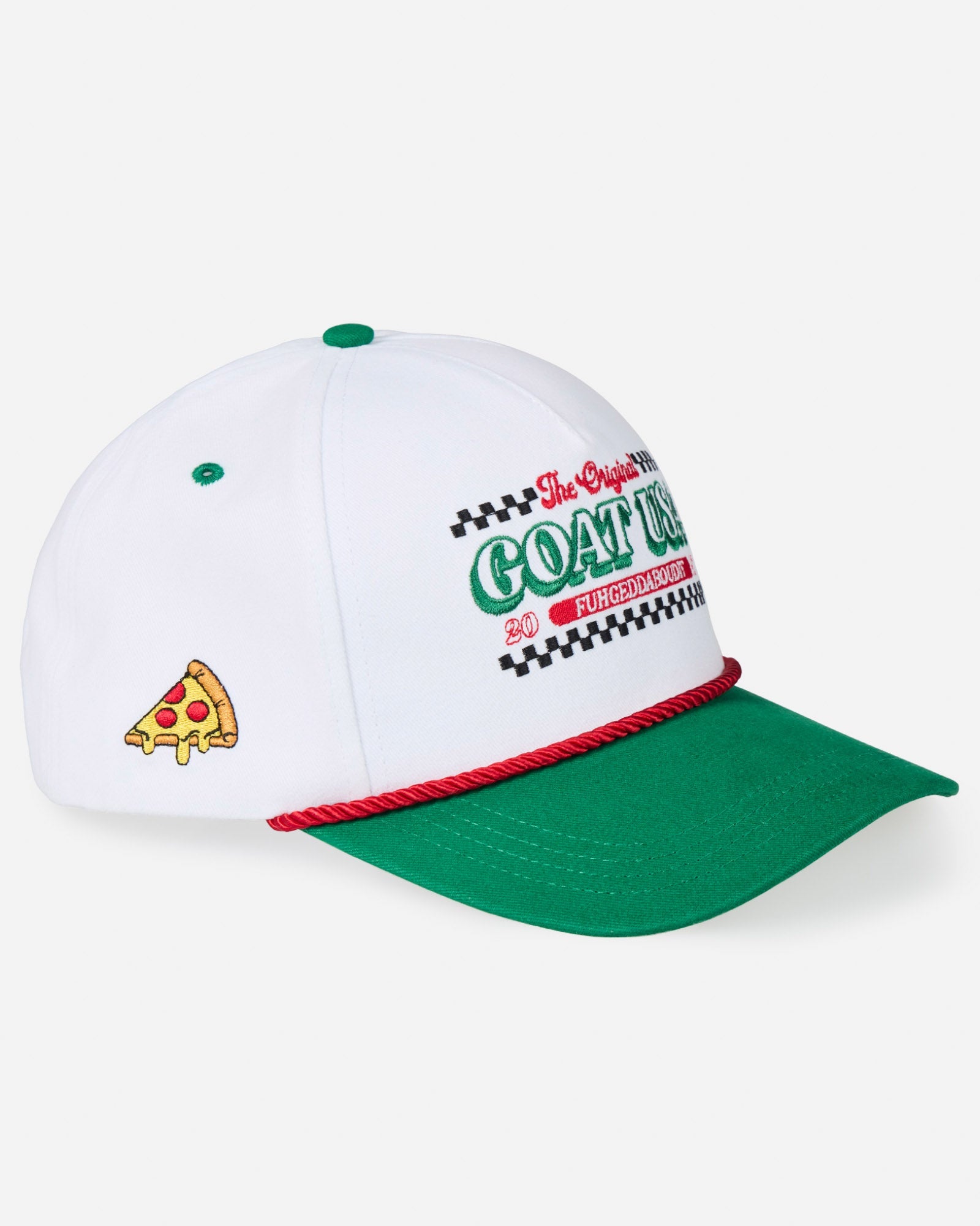 Angled view of the white GOAT USA "FUHGEDDABOUDIT" pizza snapback hat