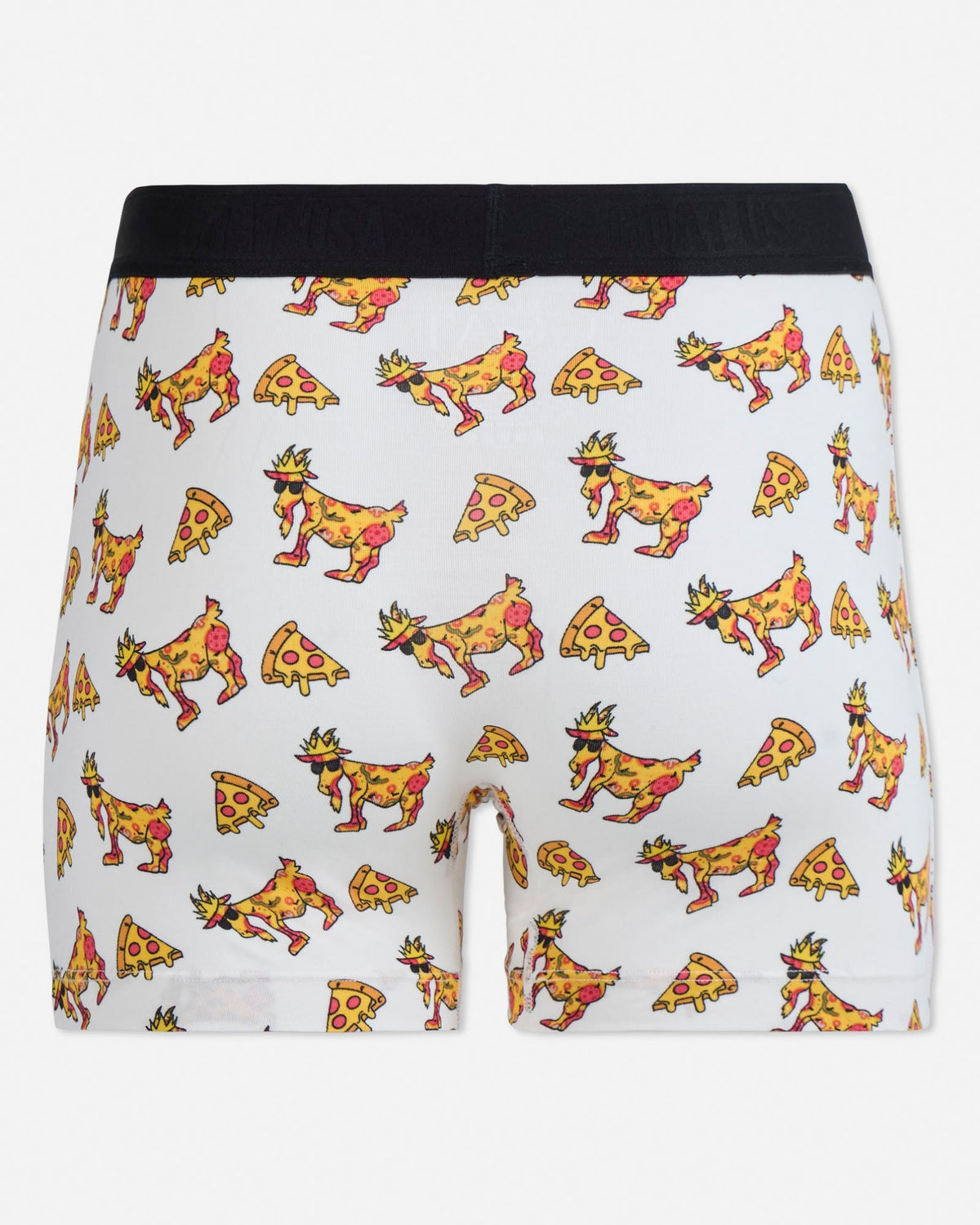 Boxer briefs with pizza goat pattern on a light gray background