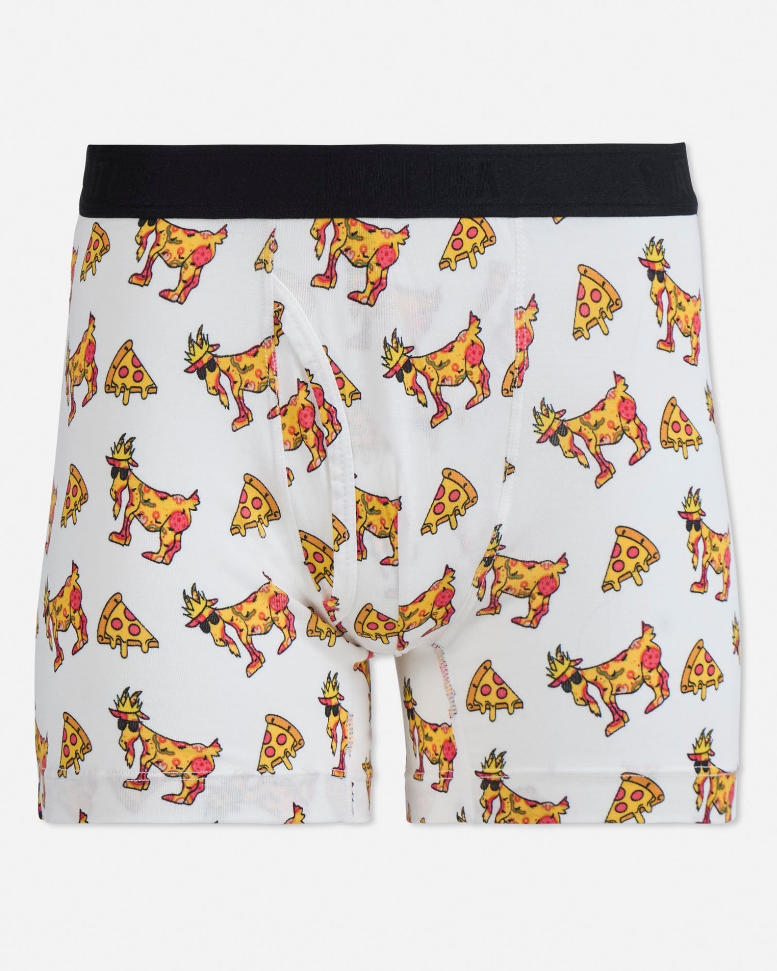 Boxer briefs with a pizza goat pattern on a light gray background
