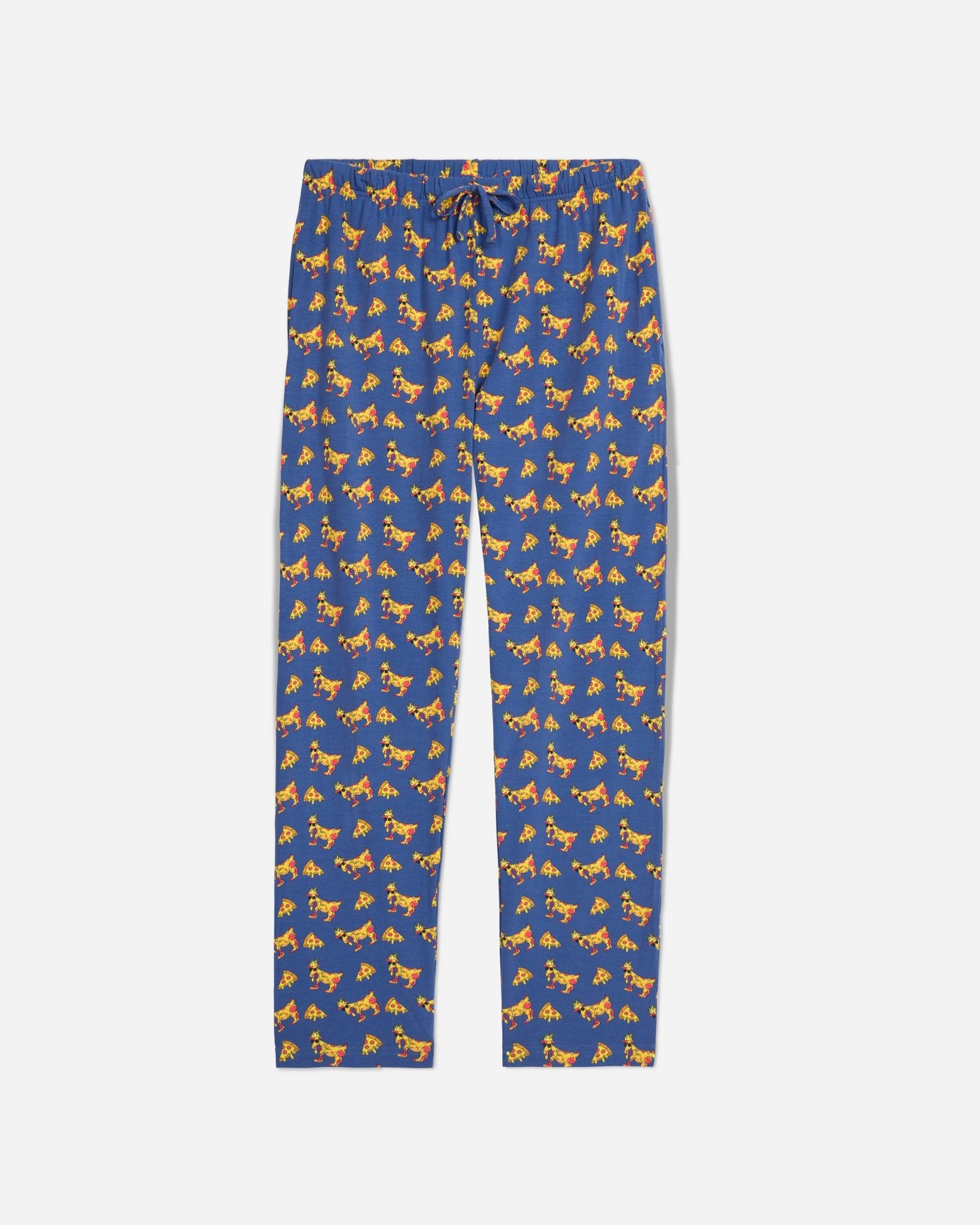 Front of navy pizza-themed pajama pants