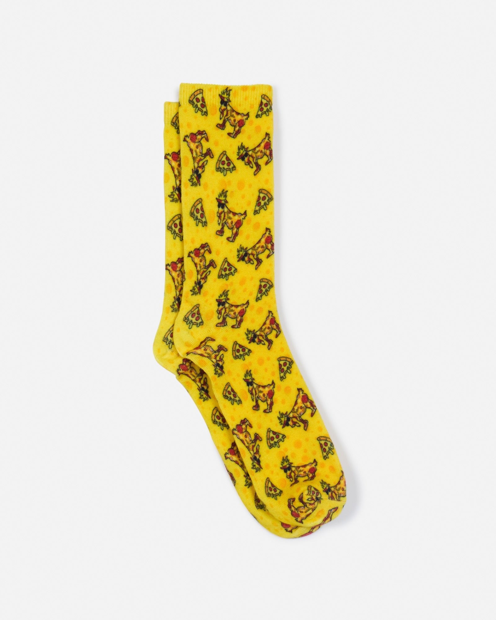 Laid out socks with pizza goat design