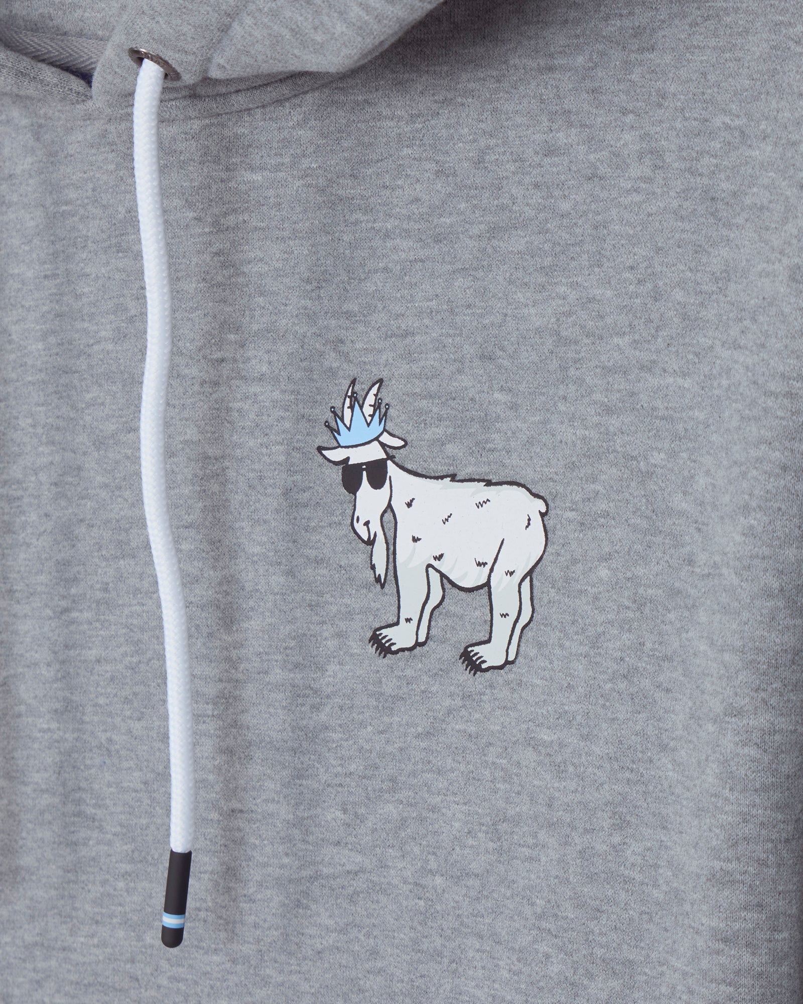 Gray hoodie with a cartoon goat wearing sunglasses and a crown on the chest.