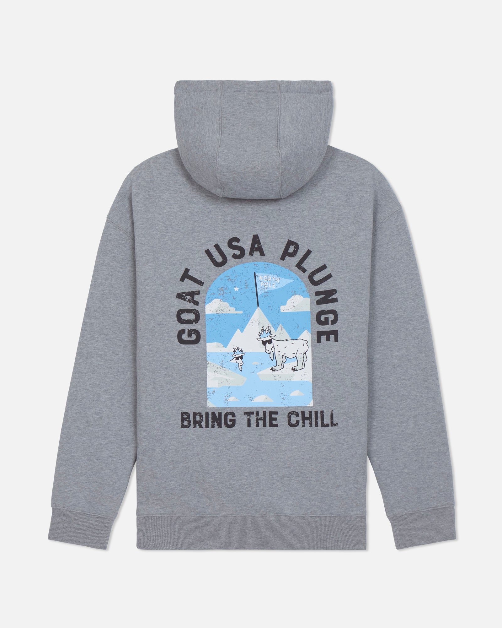 Gray hoodie with graphic design on the back featuring text and a polar bear illustration.