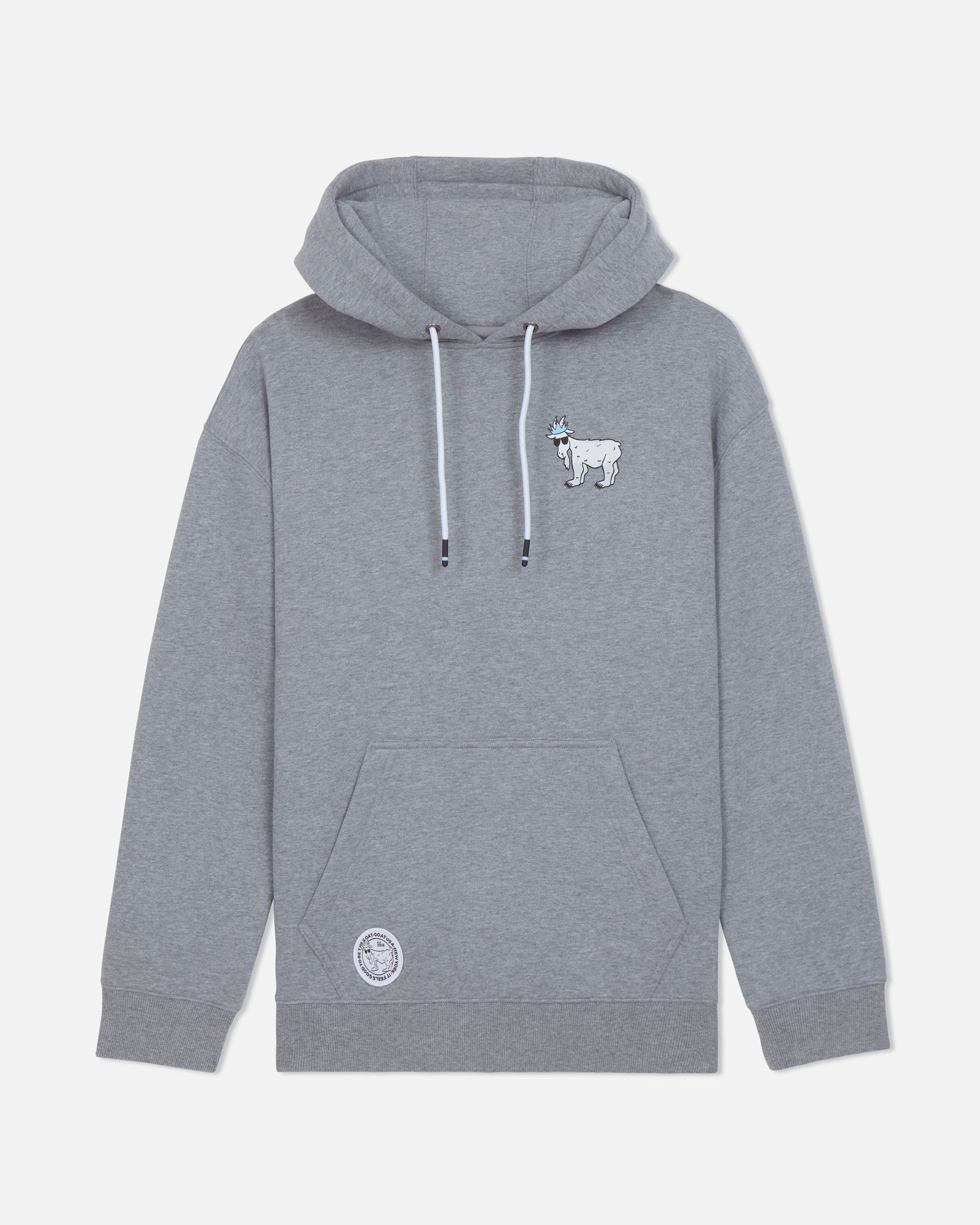 Gray hoodie with a small logo on a light gray background