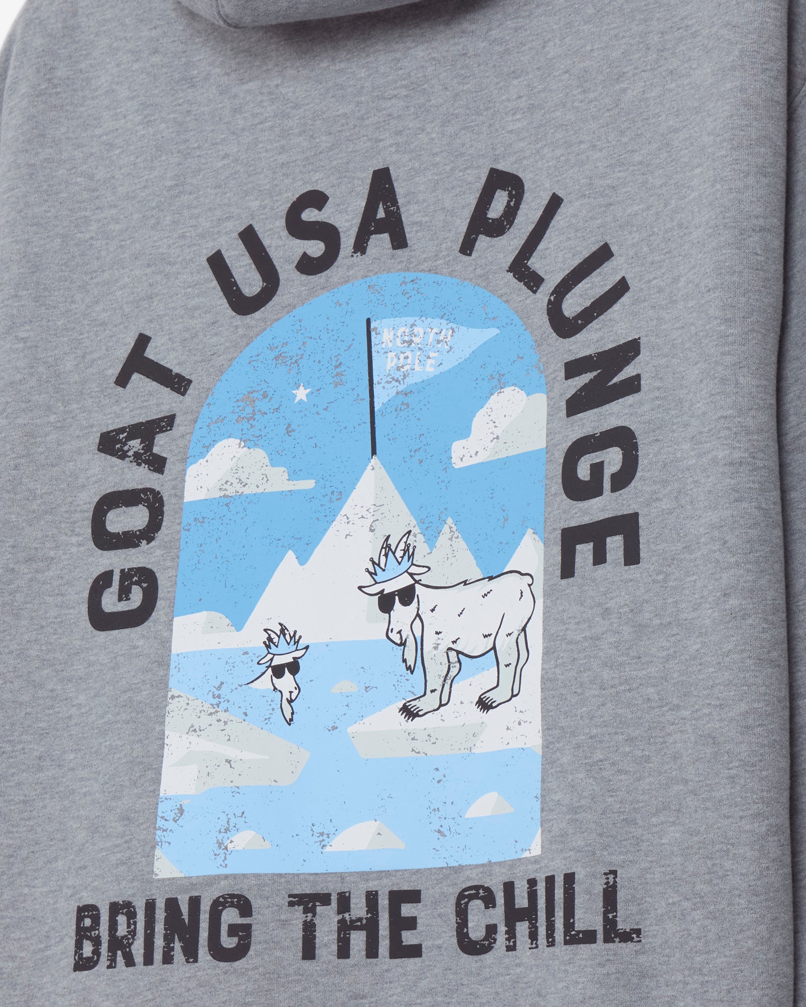 Gray hoodie with graphic design of a goat and text 'GOAT USA PLUNGE BRING THE CHILL' on a mountain background.