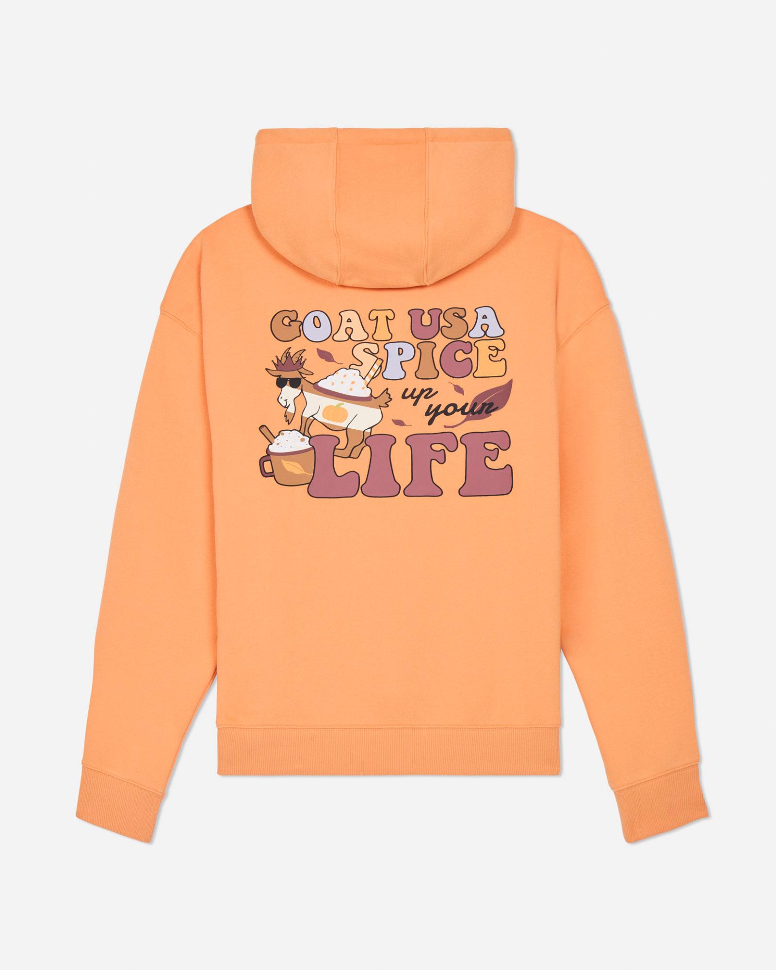 Orange hoodie with graphic design and text on a light gray background