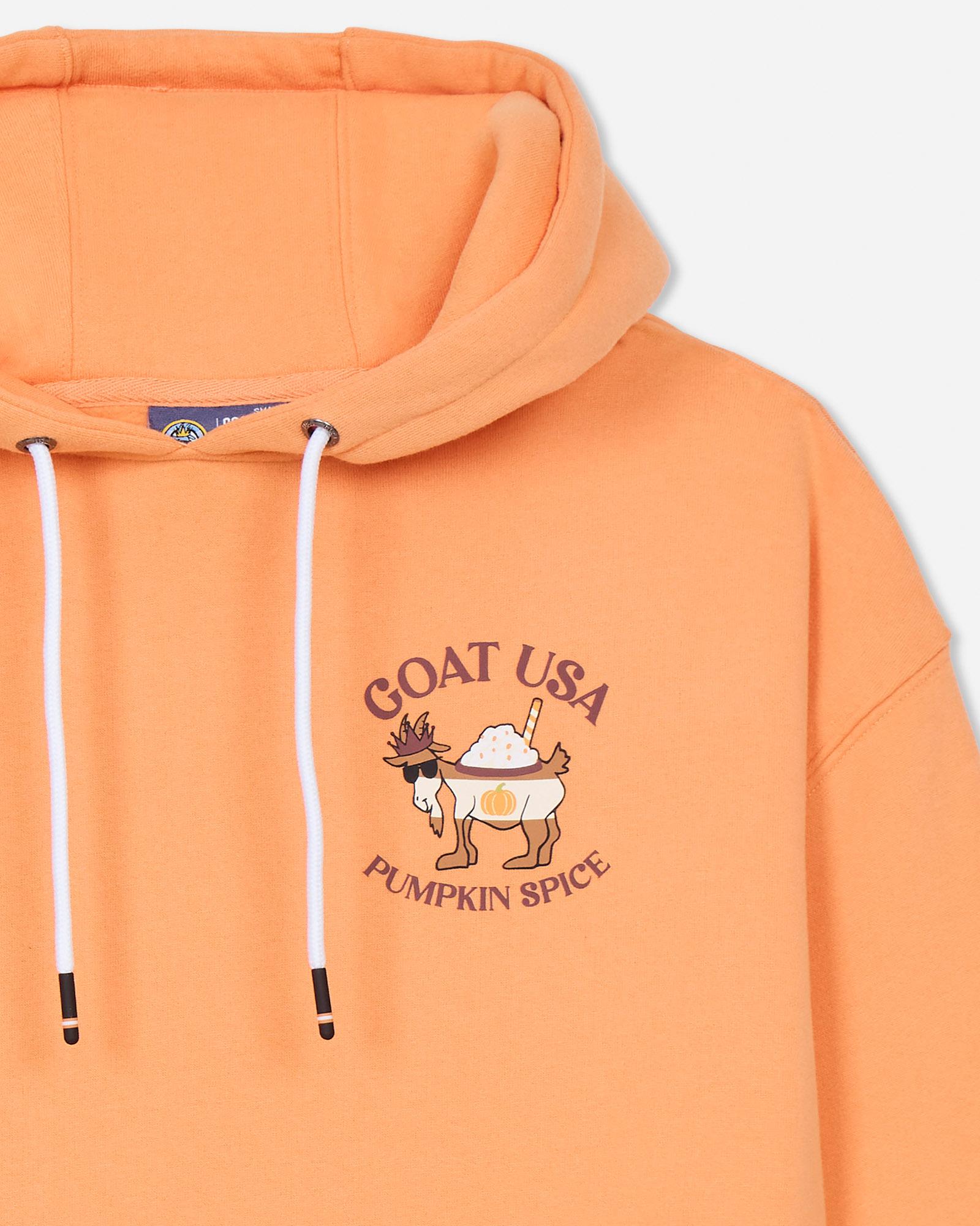 Orange hoodie with 'GOAT USA Pumpkin Spice' graphic on a light gray background