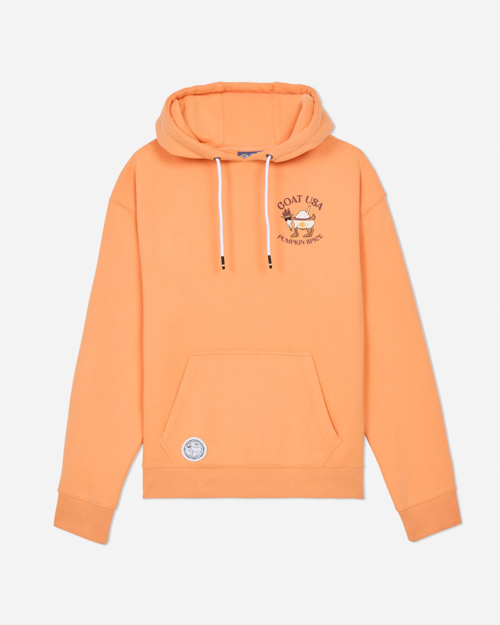 Orange hoodie with a logo on the chest against a light gray background