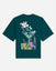 Back of sage t-shirt with martini glass goat graphic and text that reads 'Raise a glass to the GOAT'