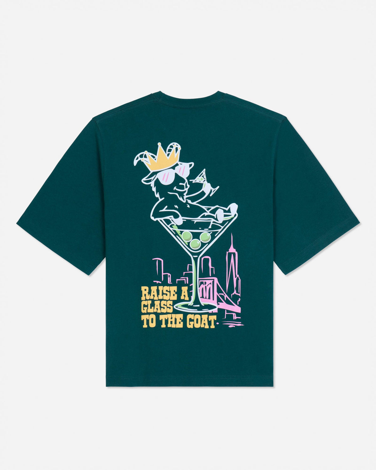 Back of sage t-shirt with martini glass goat graphic and text that reads 'Raise a glass to the GOAT'