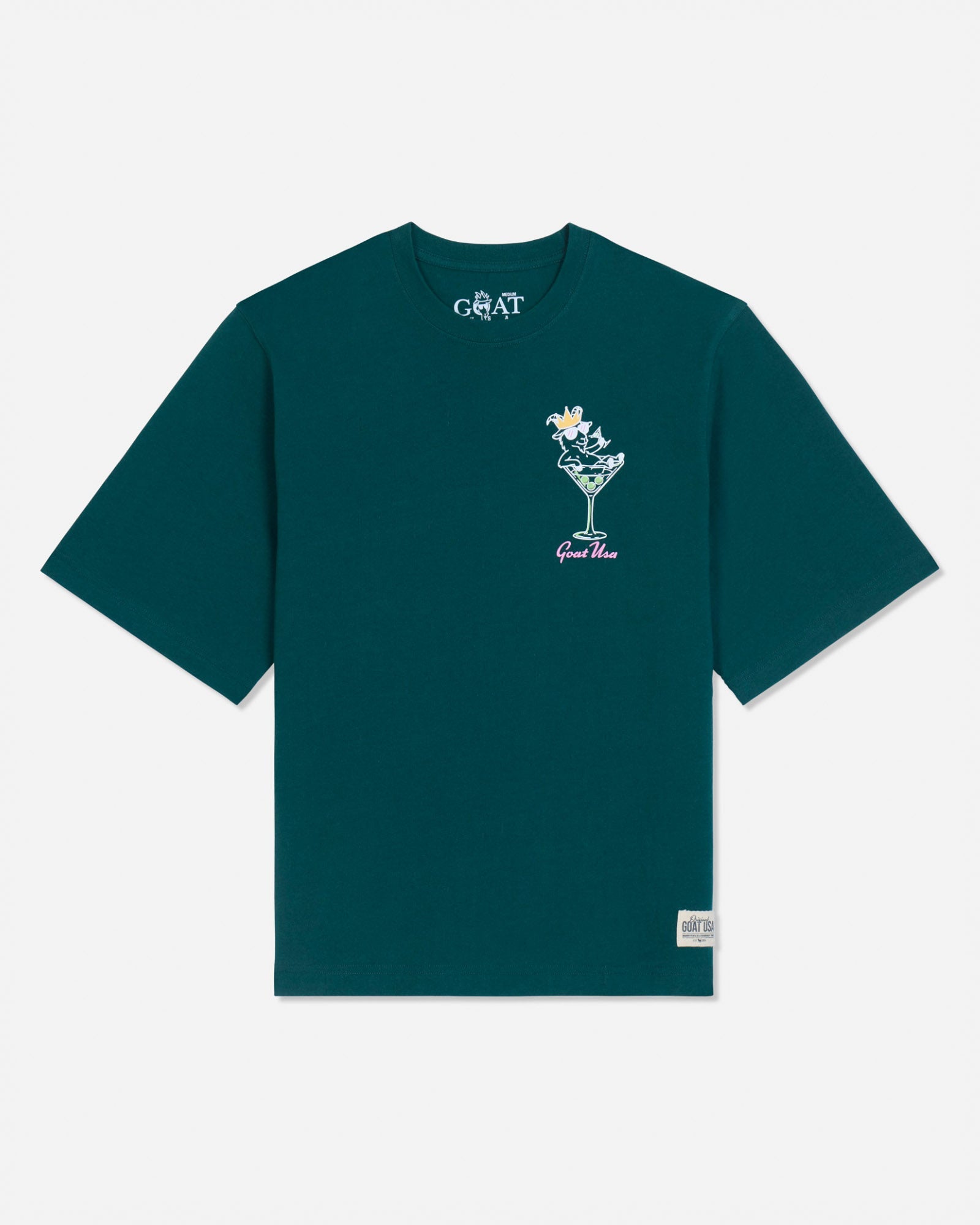 Front of sage t-shirt with martini glass goat left-chest logo