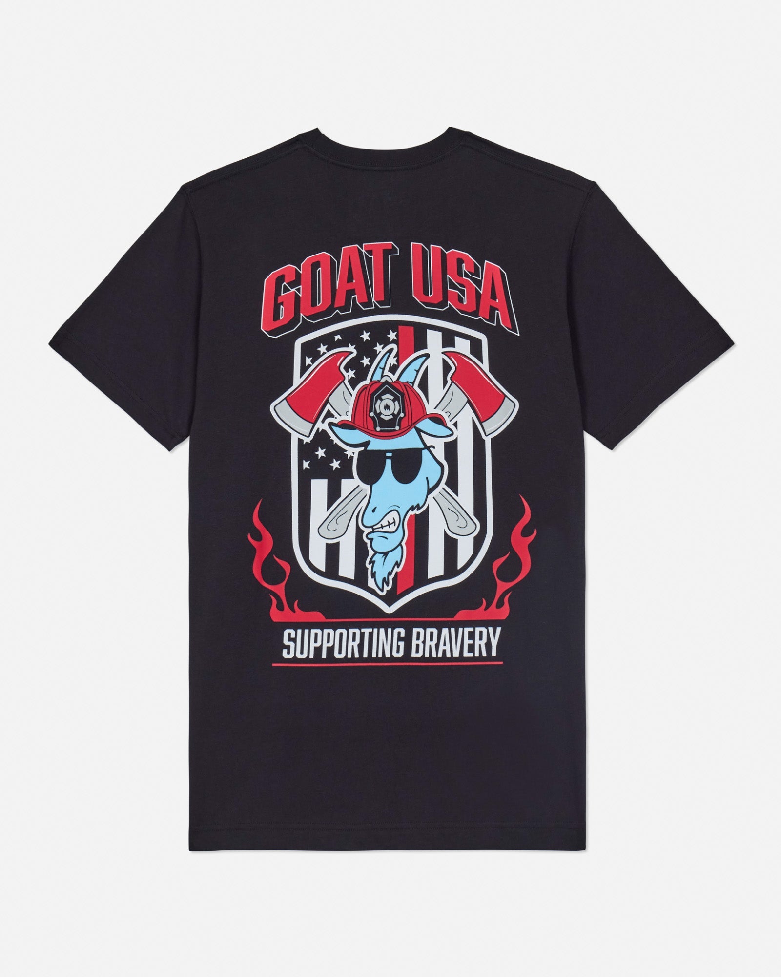 Back of black red line t-shirt with goat firefighter graphic