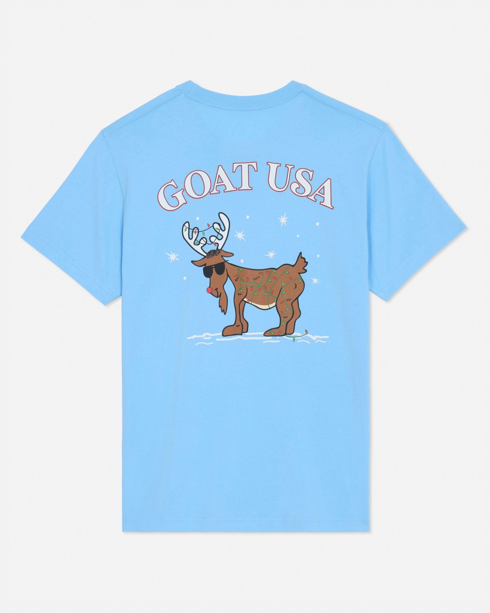Light blue t-shirt with a cartoon reindeer and 'GOAT USA' text on a light gray background