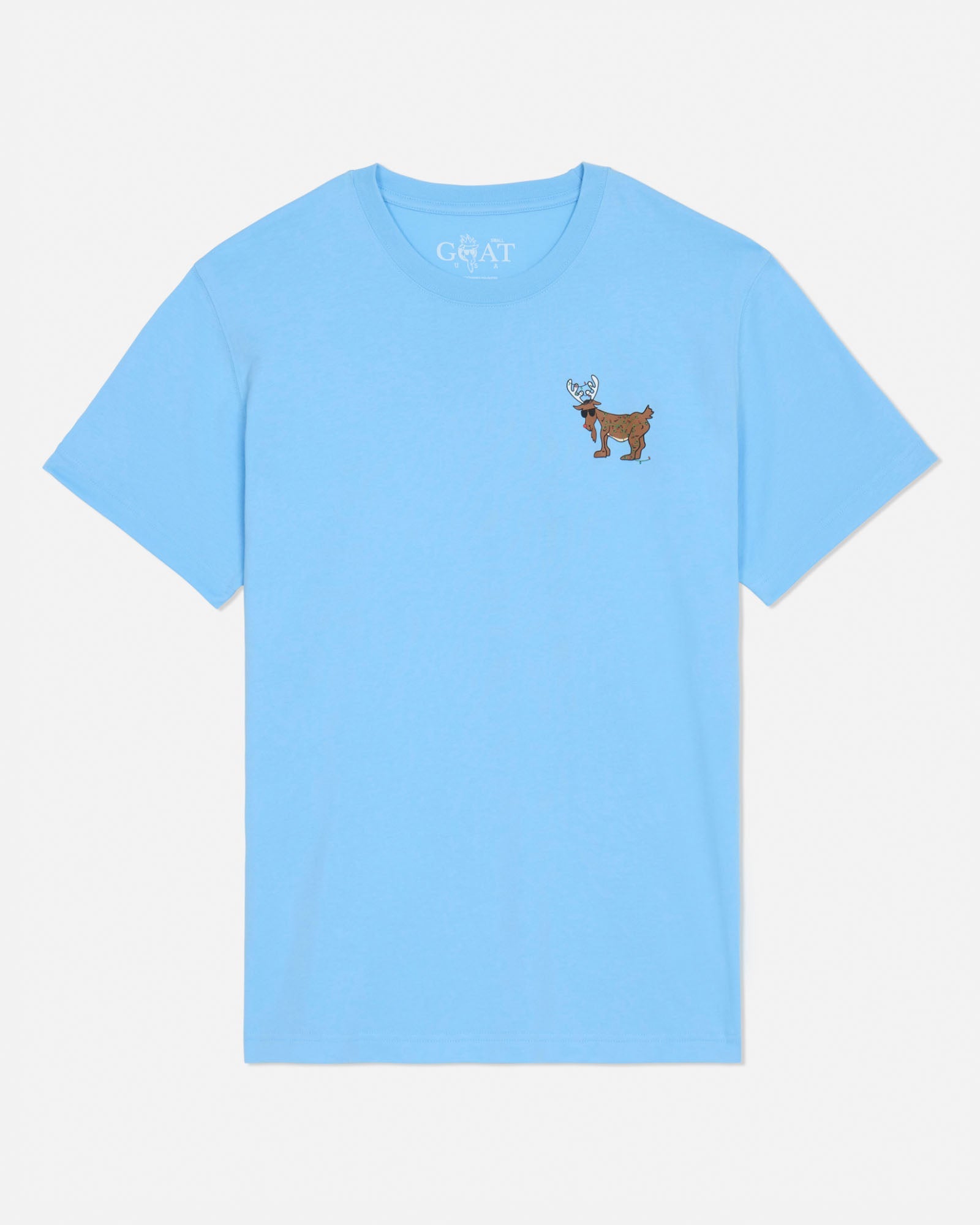 Light blue t-shirt with a small graphic on the chest against a light gray background