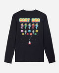 Black long-sleeve shirt with colorful graphic design on a light gray background