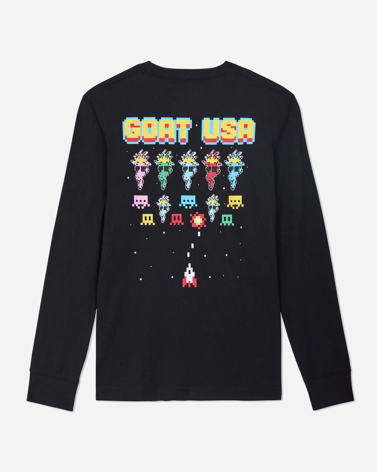 Black long-sleeve shirt with colorful graphic design on a light gray background