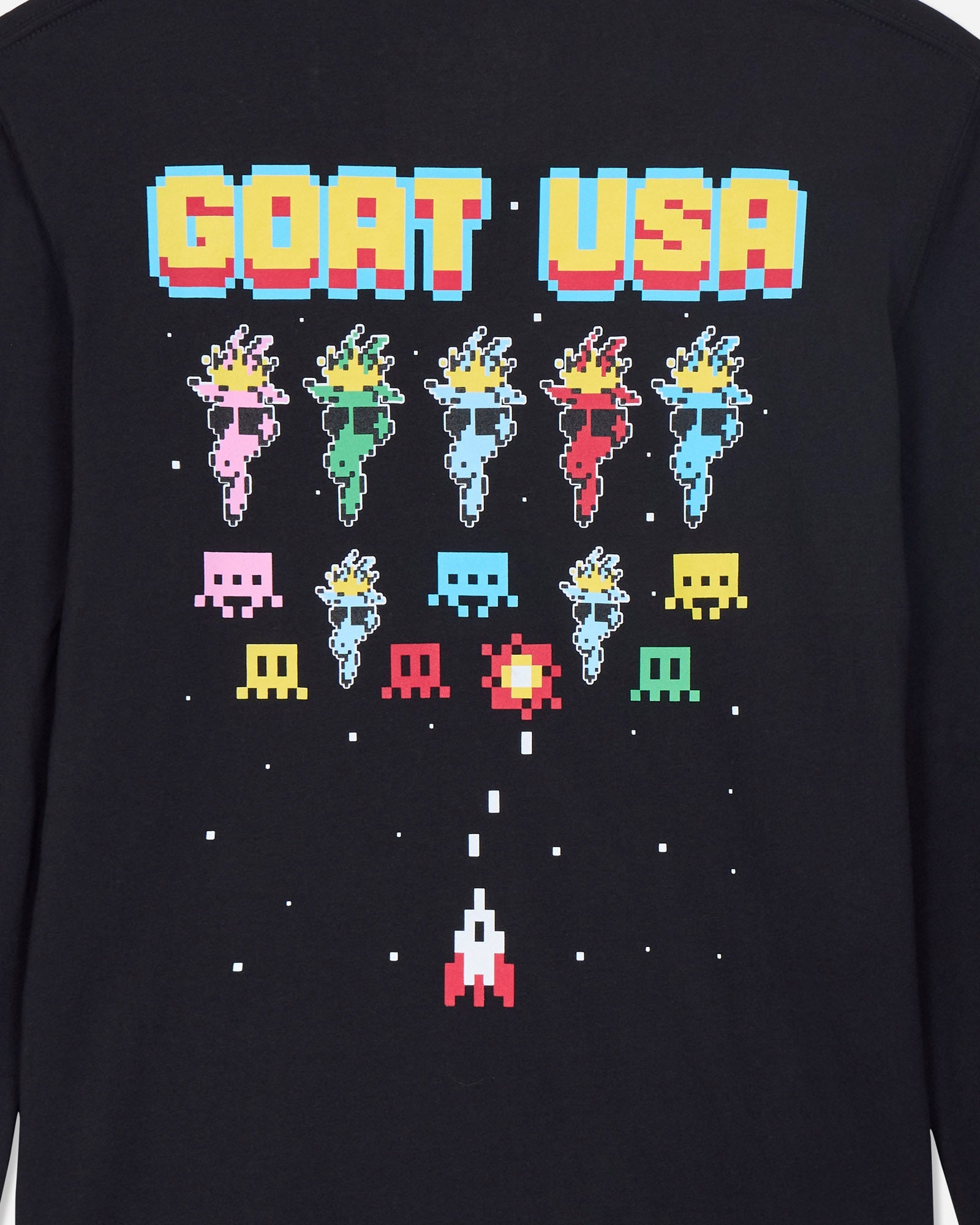 Black sweatshirt with colorful pixelated graphics and 'GOAT USA' text