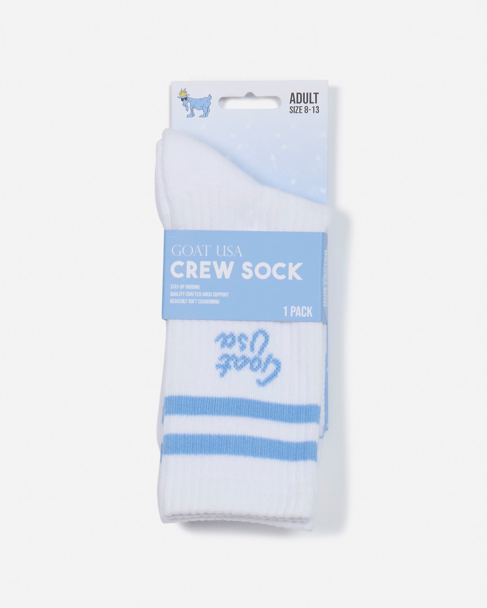 Pair of socks with light blue stripes in packaging#color_carolina-blue