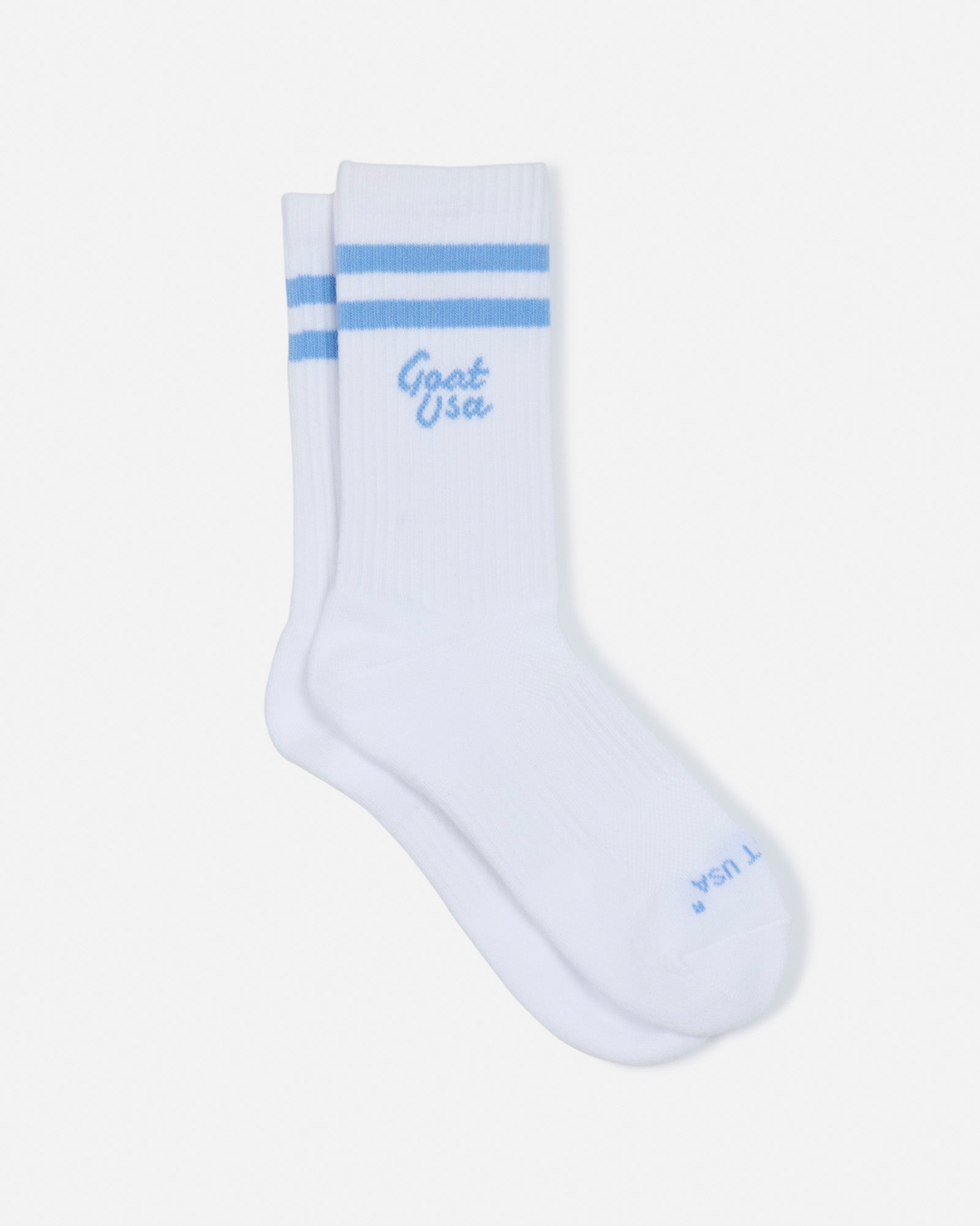 Laid out pair of socks with light blue stripes#color_carolina-blue