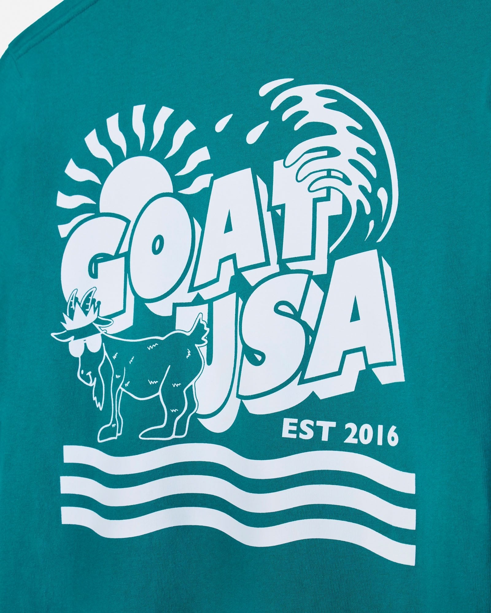 Teal t-shirt with white graphic design featuring a goat and 'GOAT USA' text