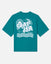 Teal t-shirt with white graphic design on a white background