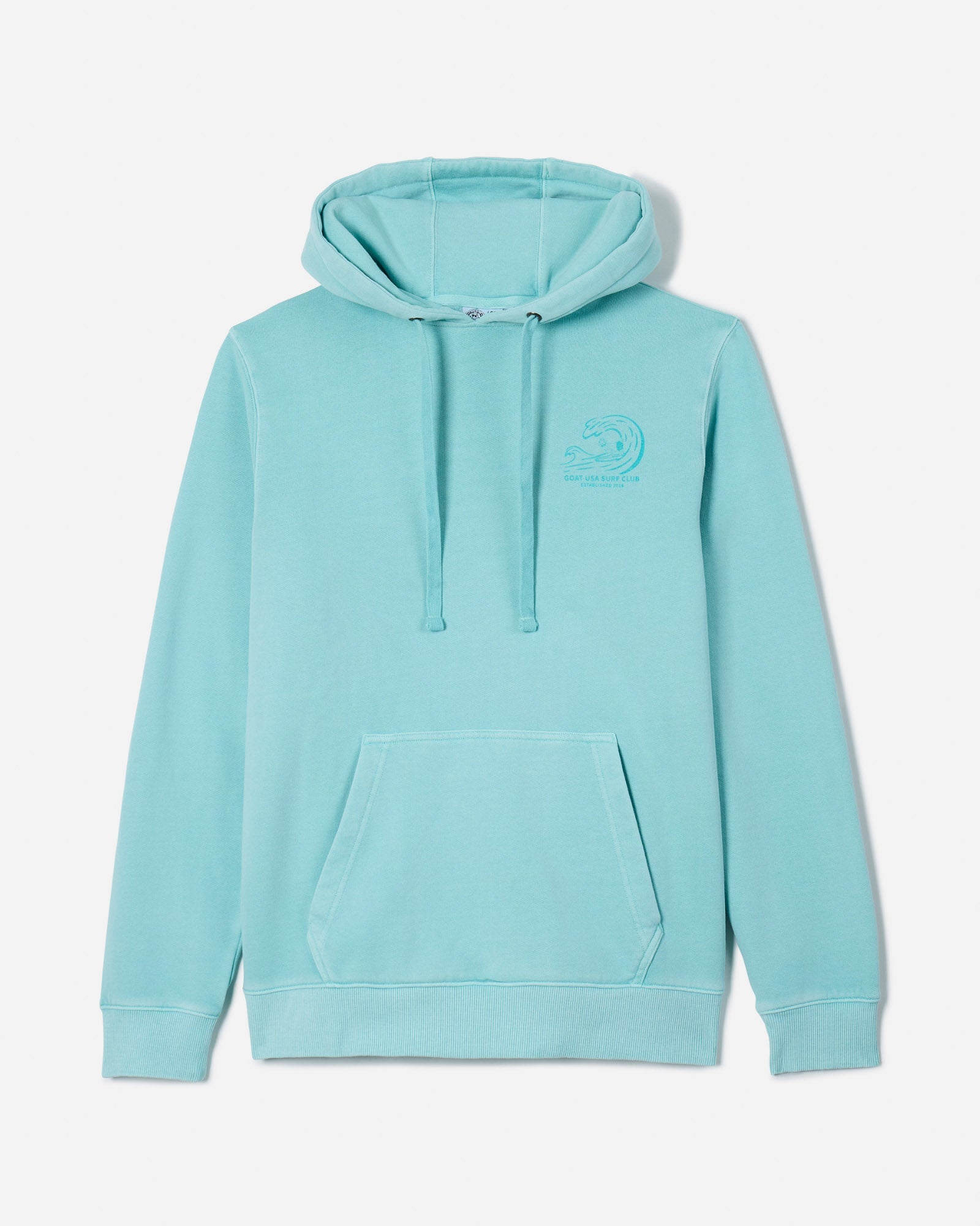 Front of aqua sky hooded sweatshirt with surfing Chuck the GOAT left-chest logo