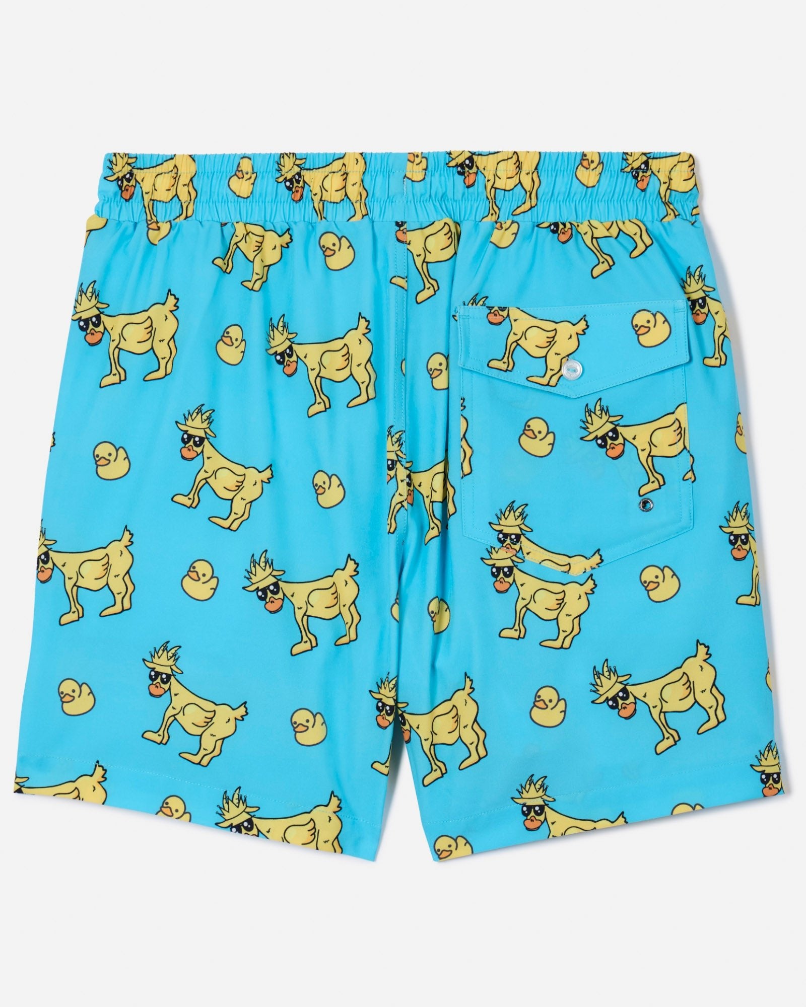 Back of blue rubber duck GOAT bathing suit