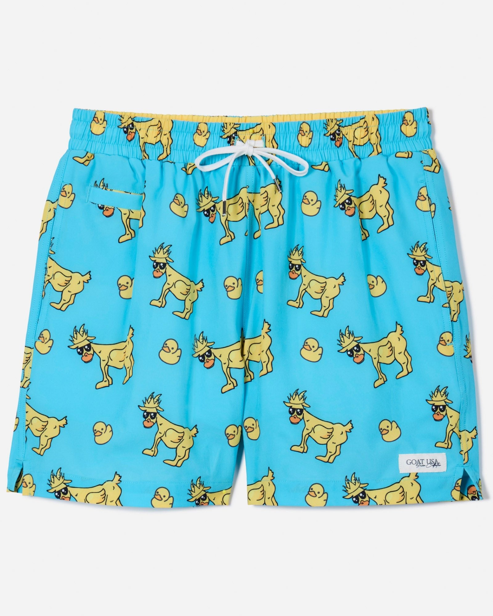 Front of blue rubber duck GOAT bathing suit