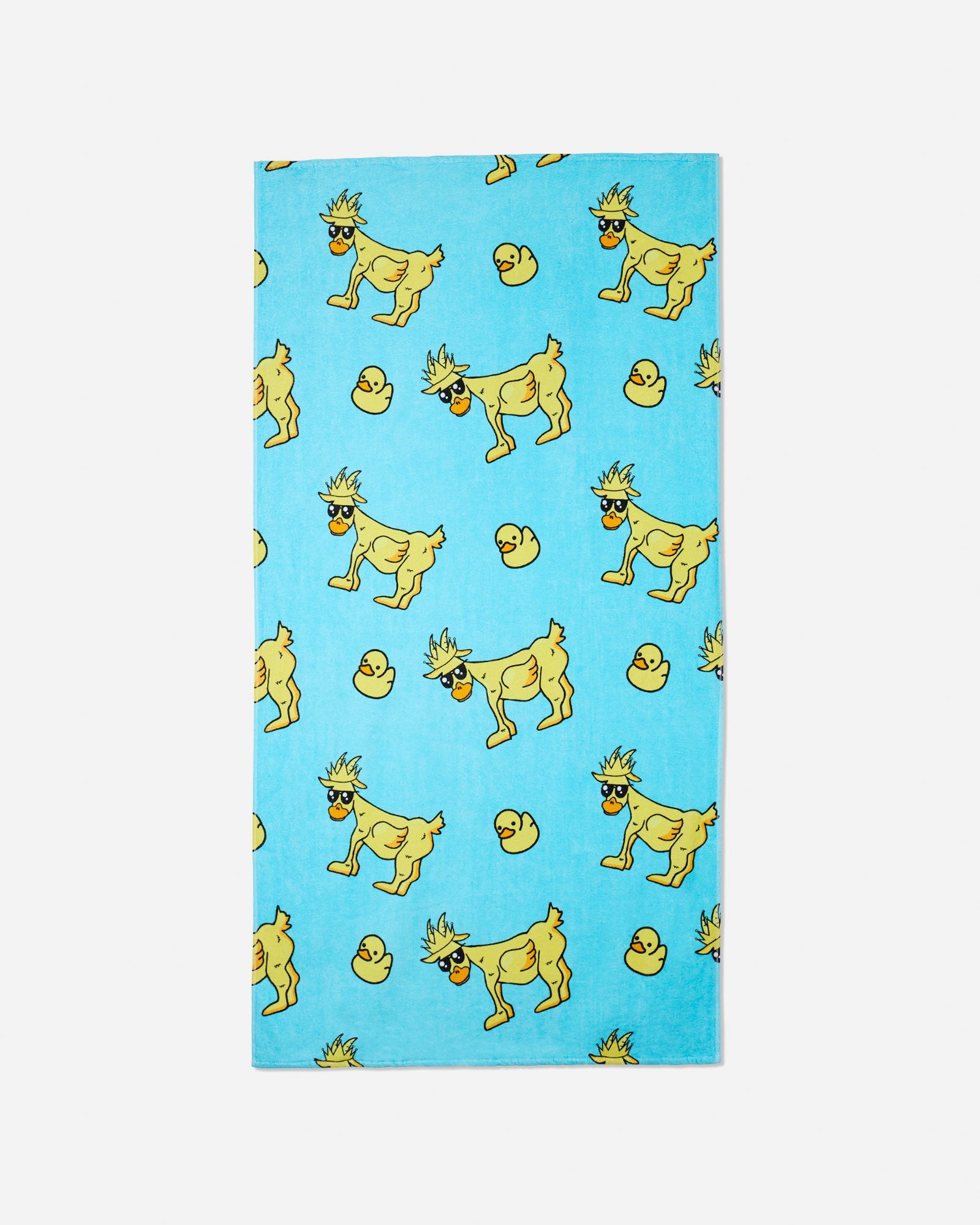 Blue beach towel with rubber ducks and rubber duck GOAT design