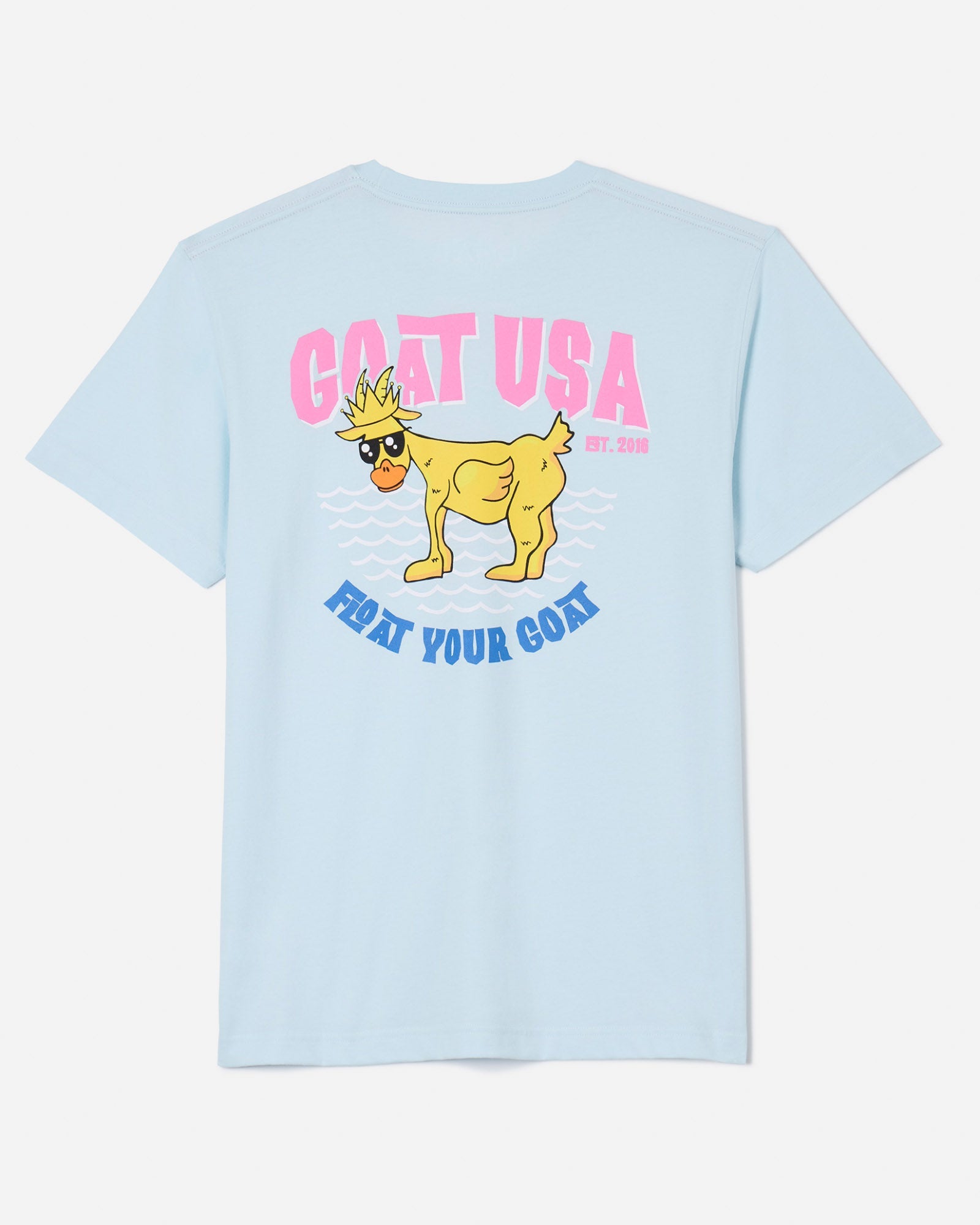 Back of ice blue t-shirt with goat rubber duck design