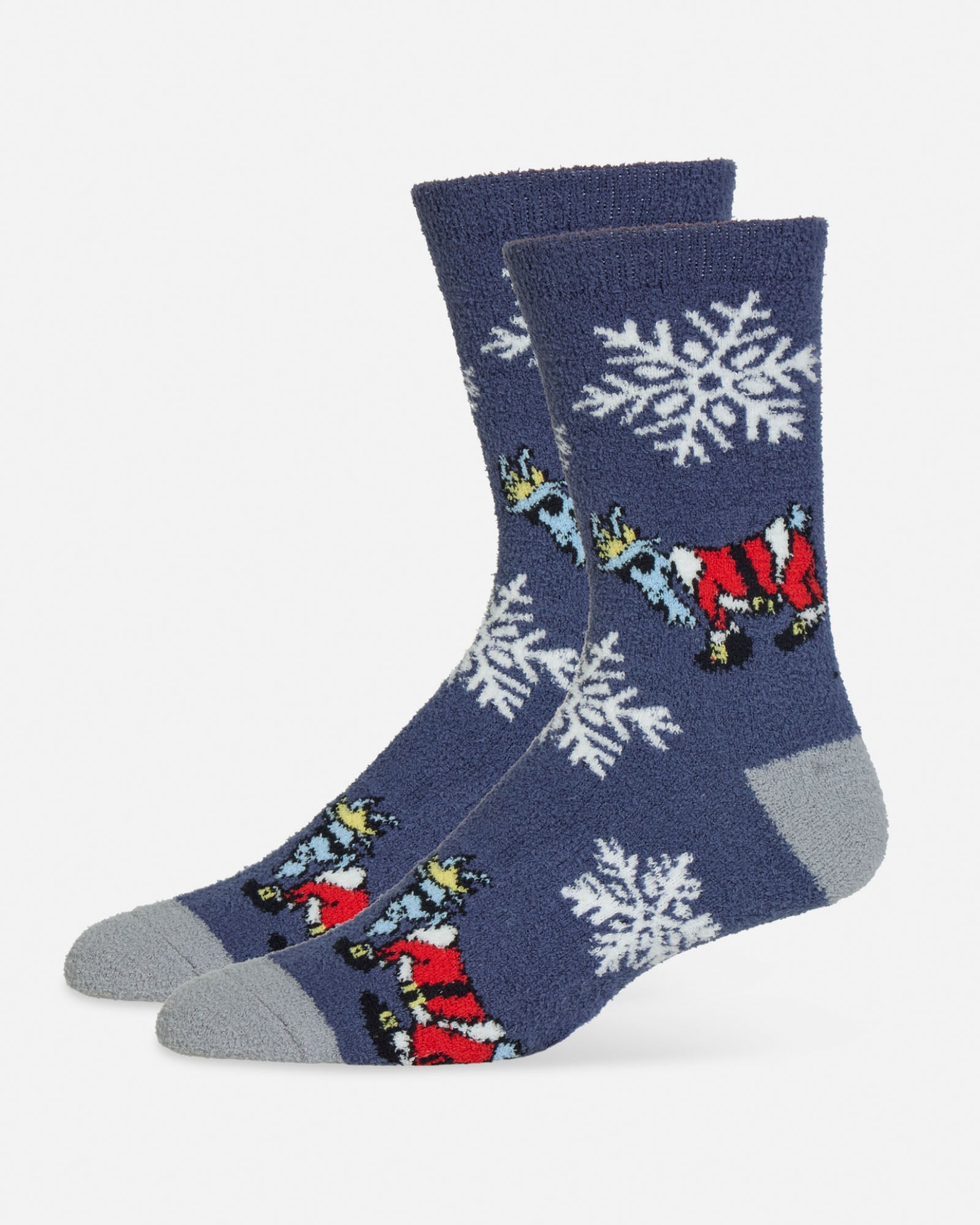 Pair of blue socks with Santa Claus and snowflake patterns on a white background