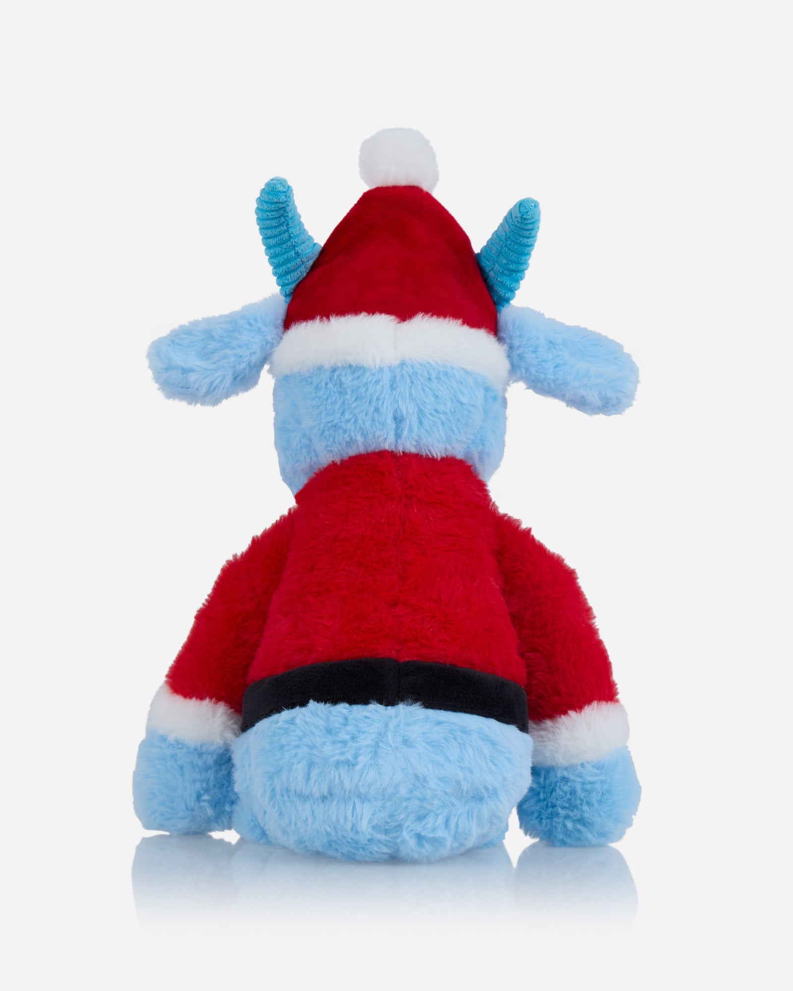 Blue plush toy in a santa outfit against a light gray background