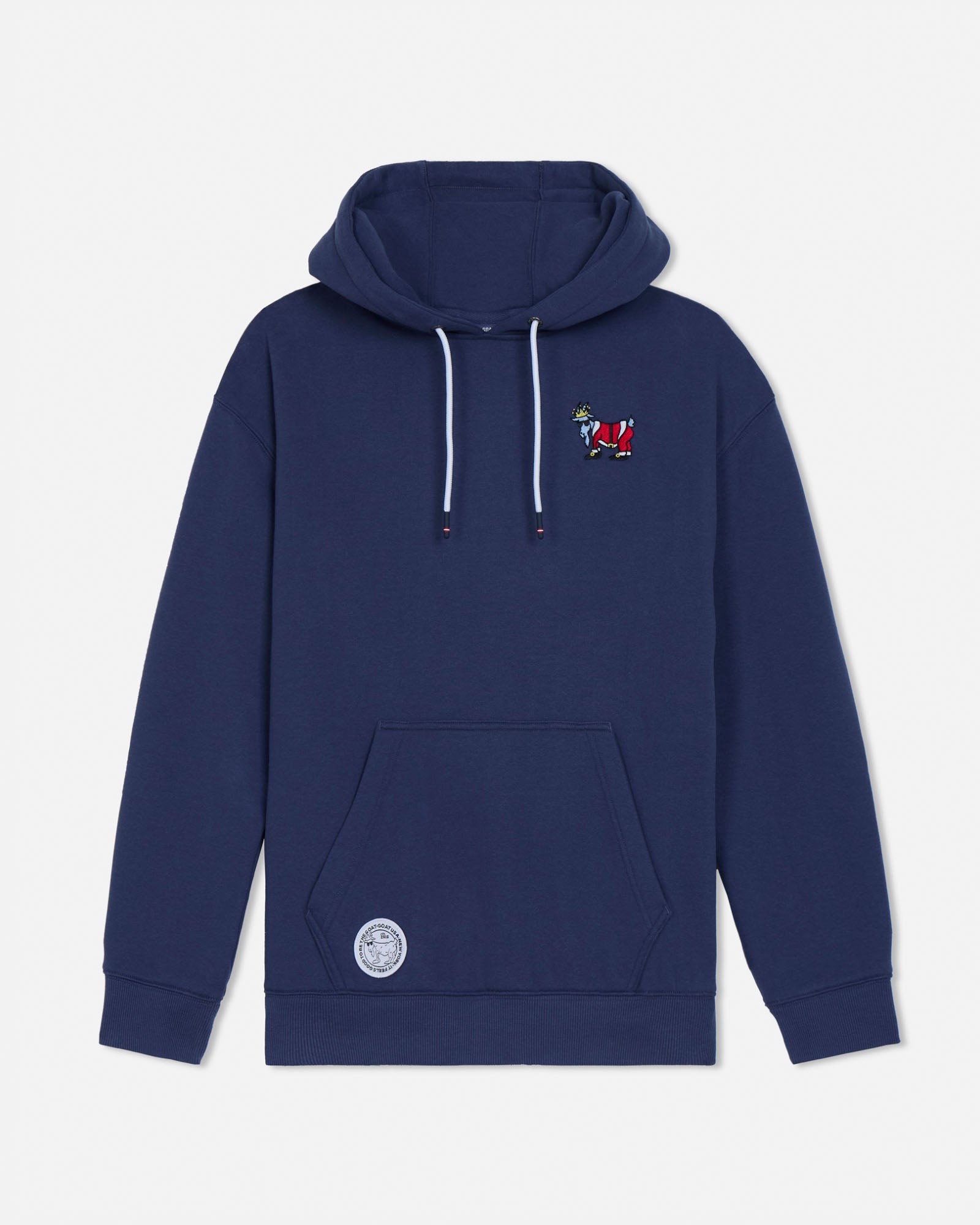 Navy blue hoodie with a small colorful design on the chest against a white background