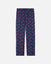 Navy blue pajama pants with red and white pattern on a light gray background