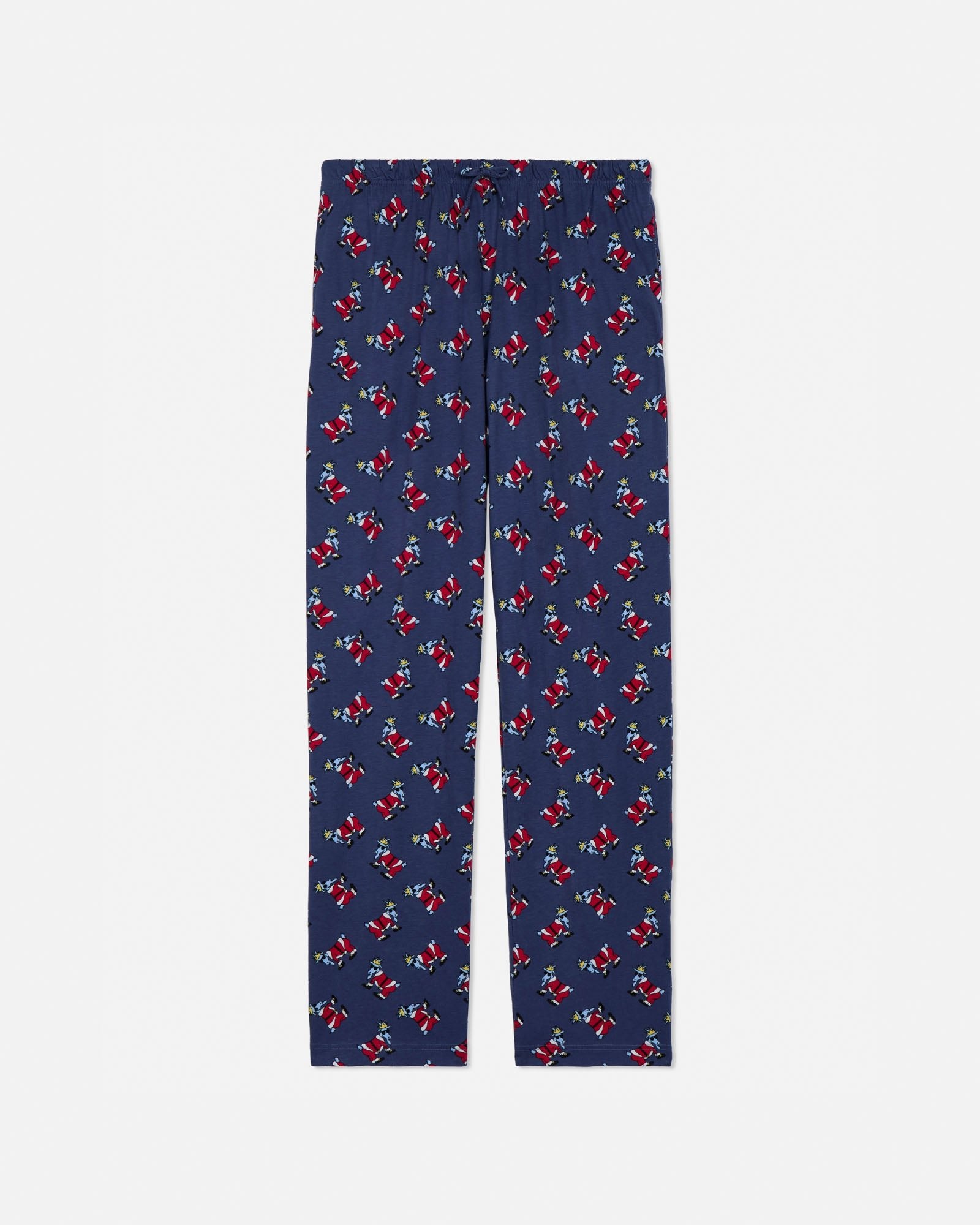 Navy blue pajama pants with red and white pattern on a light gray background