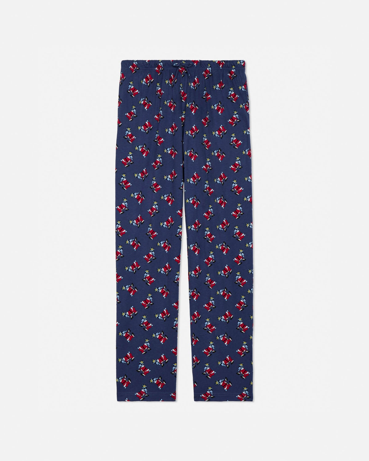 Navy blue pajama pants with red and white pattern on a light gray background
