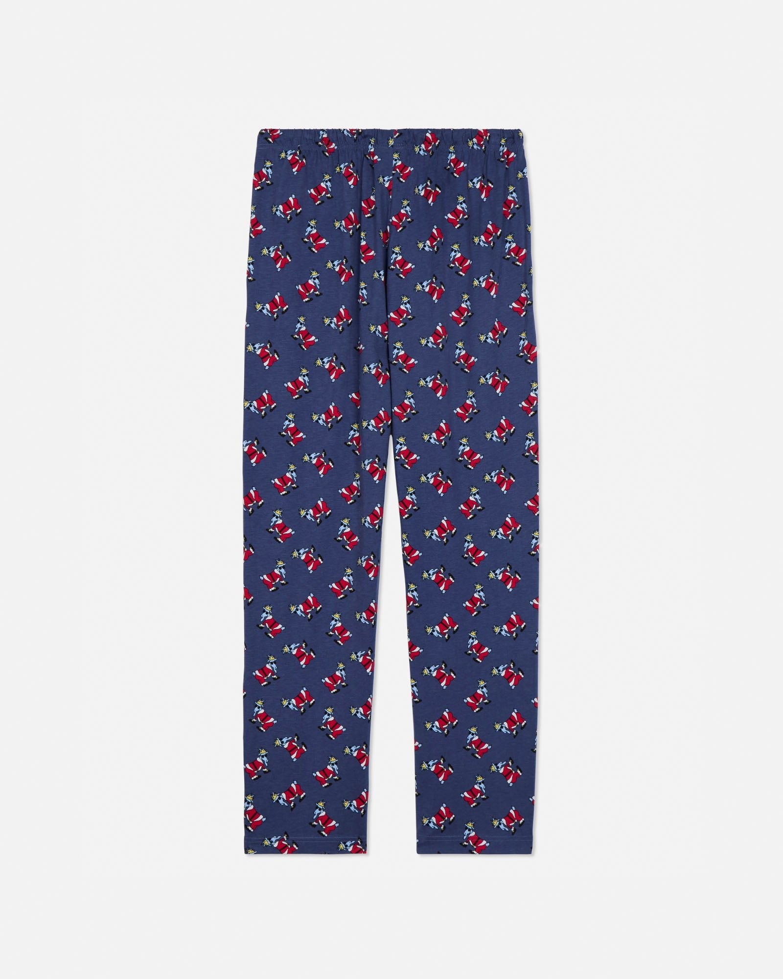 Navy blue pajama pants with red and white pattern on a light gray background