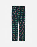 A pair of dark green children's pajama pants with an all-over Christmas print of Santa Claus and green Christmas trees, featuring an elastic waistband and drawstring.