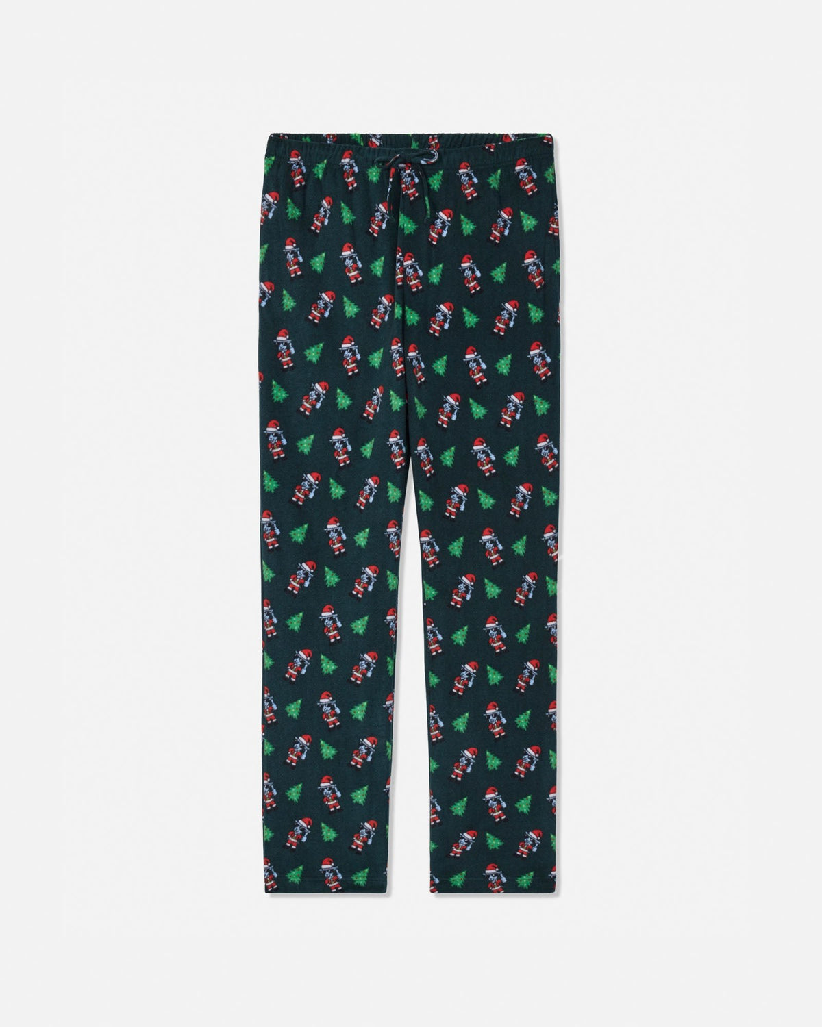 A pair of dark green children's pajama pants with an all-over Christmas print of Santa Claus and green Christmas trees, featuring an elastic waistband and drawstring.