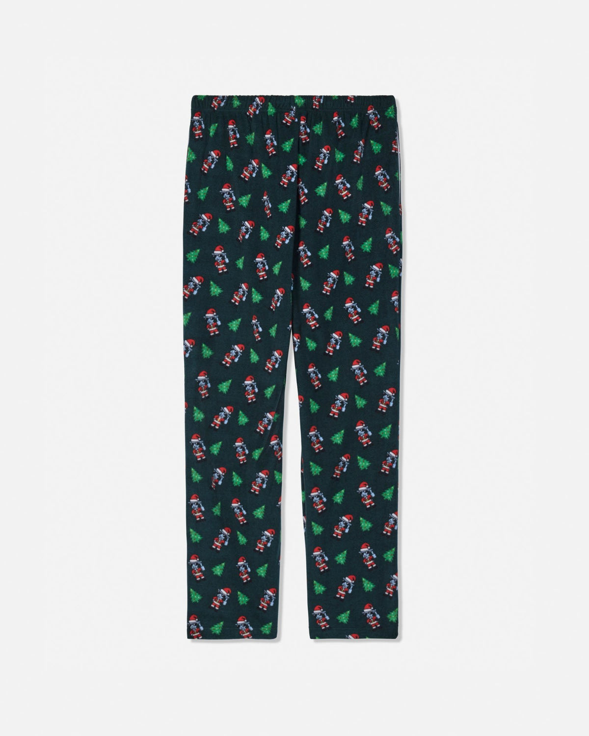 A pair of dark green pajama pants with an all-over Christmas pattern featuring Santa Claus and green Christmas trees, shown flat against a light gray background.