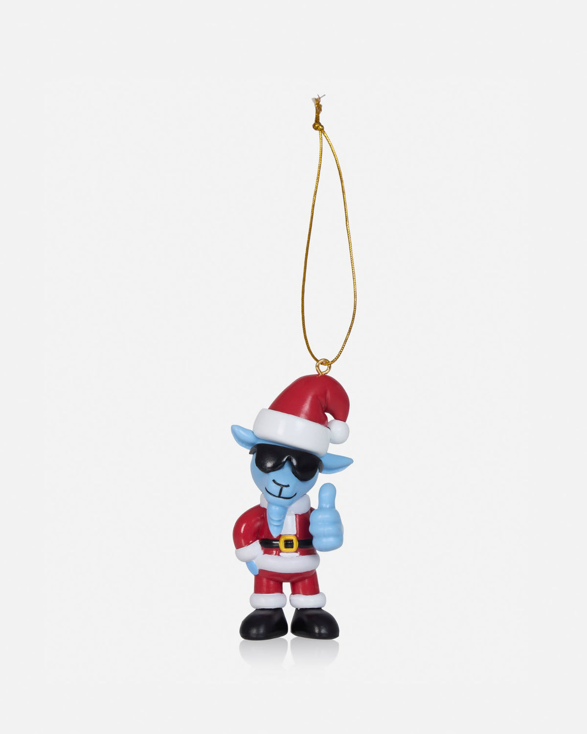 A small hanging Christmas ornament featuring a blue cartoon character dressed in a red Santa-style outfit with a red hat, white trim, black boots, and black sunglasses, suspended by a gold string on a light gray background.