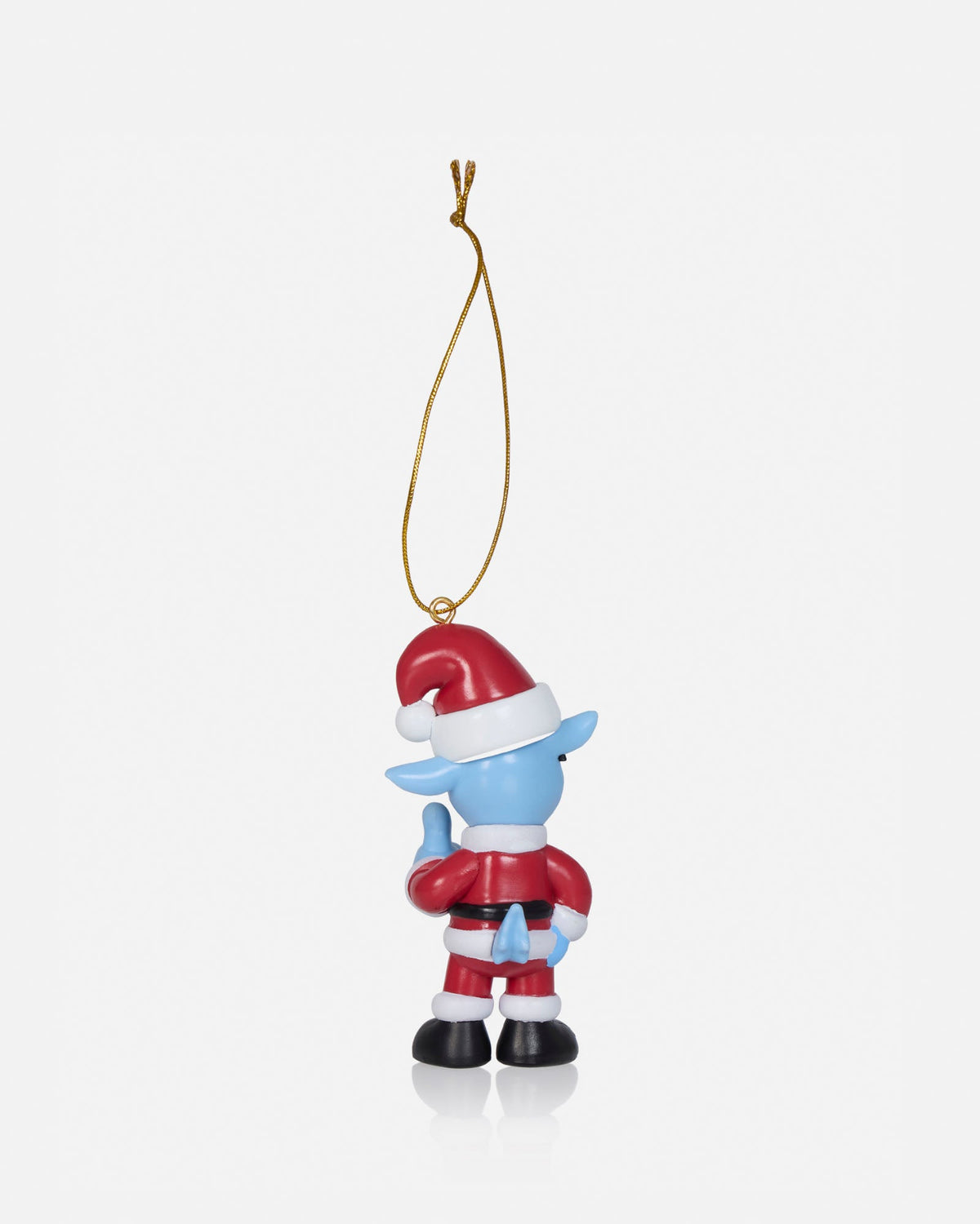 A small Santa-clad elf Christmas ornament with a gold hanging string, shown on a clean light gray background.