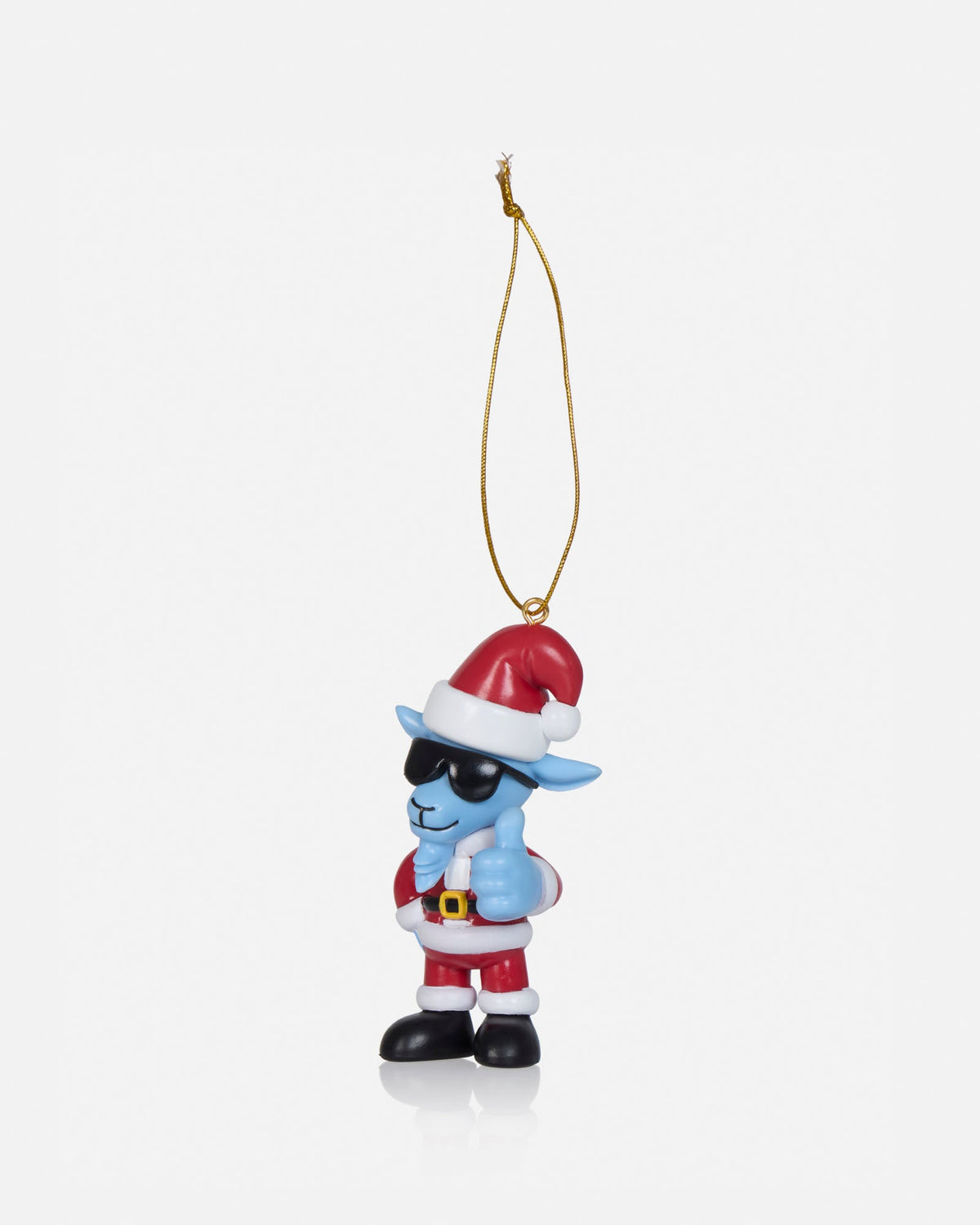 A small Santa Claus-themed hanging ornament featuring a blue cartoon character wearing a red Santa hat and boots, black sunglasses, and a gold hanging loop, shown on a light gray background.