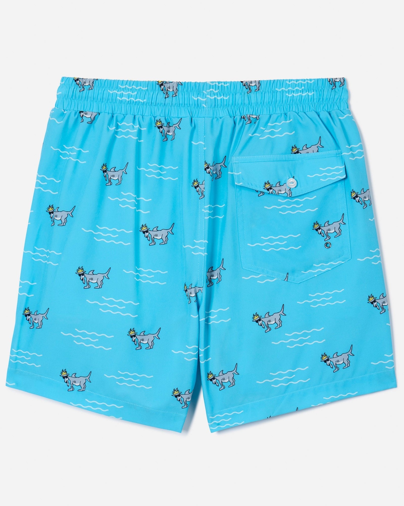 Back of the blue shark bathing suit