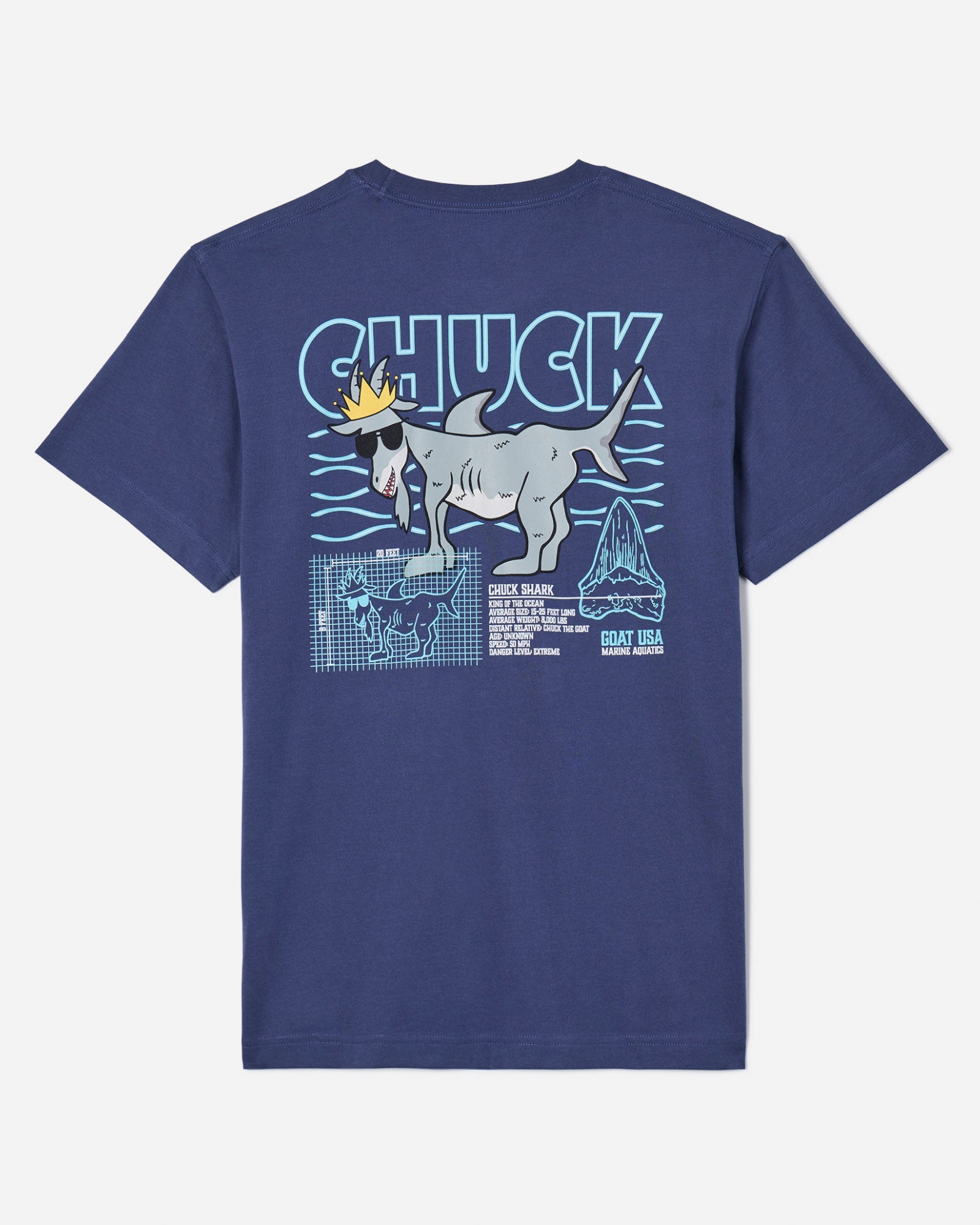 Back of navy t-shirt with Chuck the shark GOAT graphic