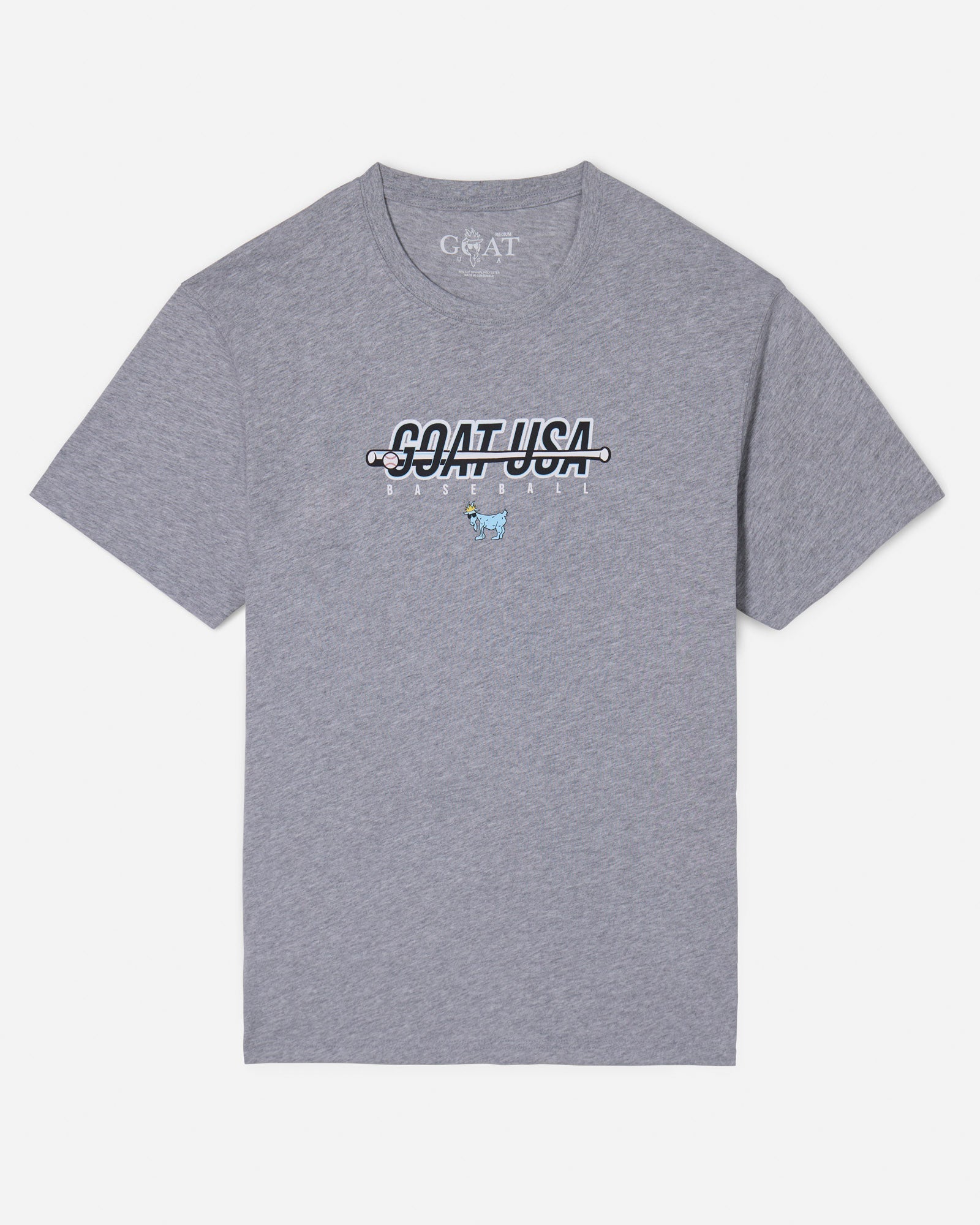 Gray shirt with baseball bat that goes through the wording 